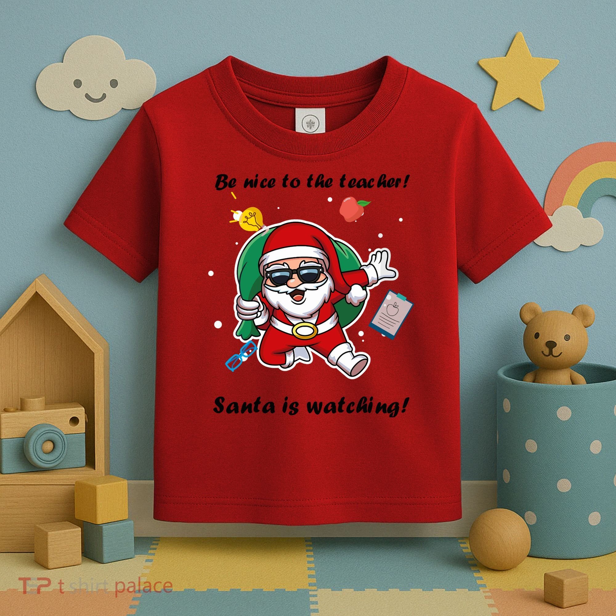 Wo Be Nice To The Teacher. Santa Is Watching! A Fun Christmas Toddler T-Shirt