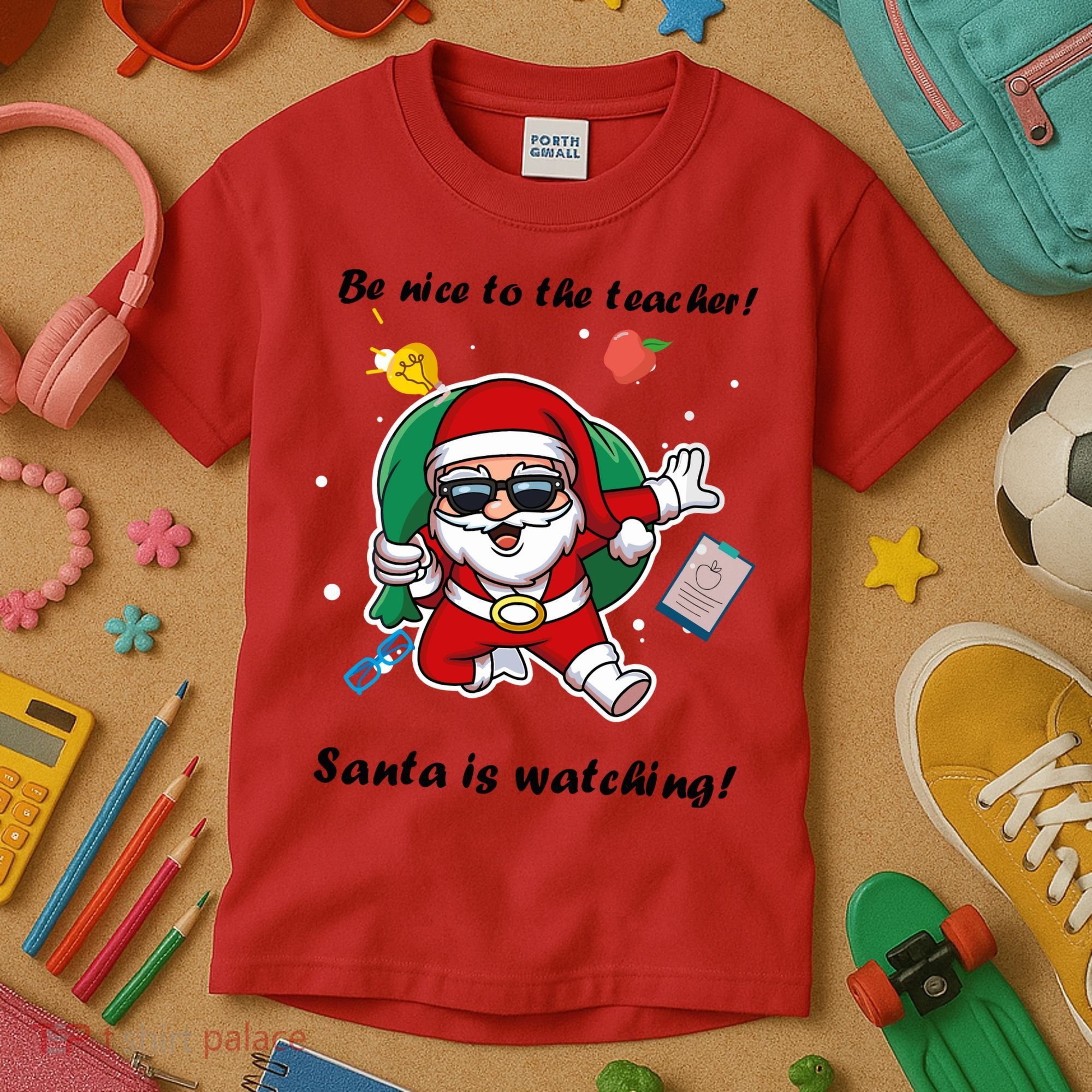 Wo Be Nice To The Teacher. Santa Is Watching! A Fun Christmas Kids T-Shirt