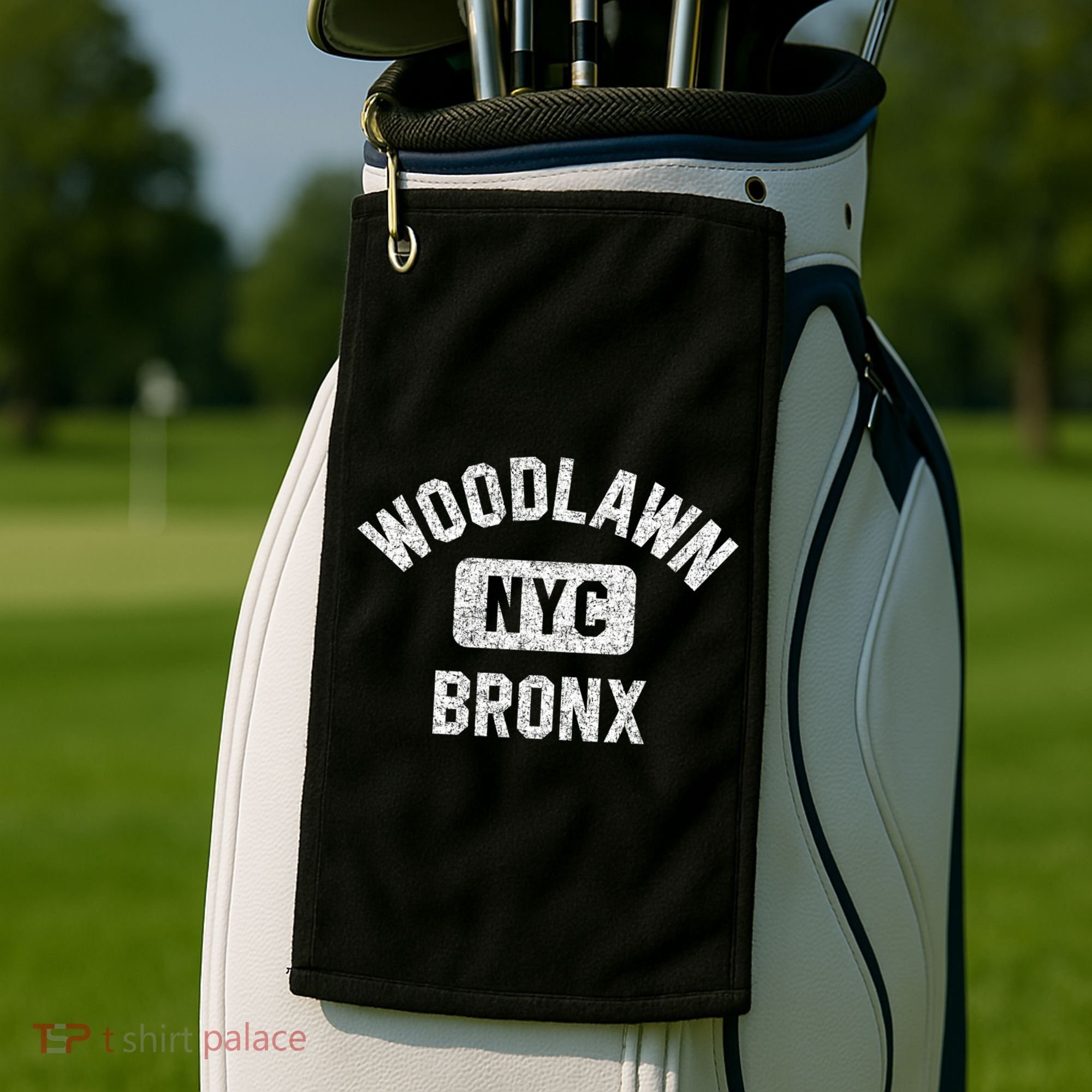 Woodlawn Bronx Nyc Gym Style Distressed White Print Gift Golf Towel