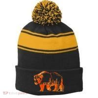 Walking Bear Silhouette Downtown Chicago City Skyline Gift Stripe Pom Pom Beanie thumb 0