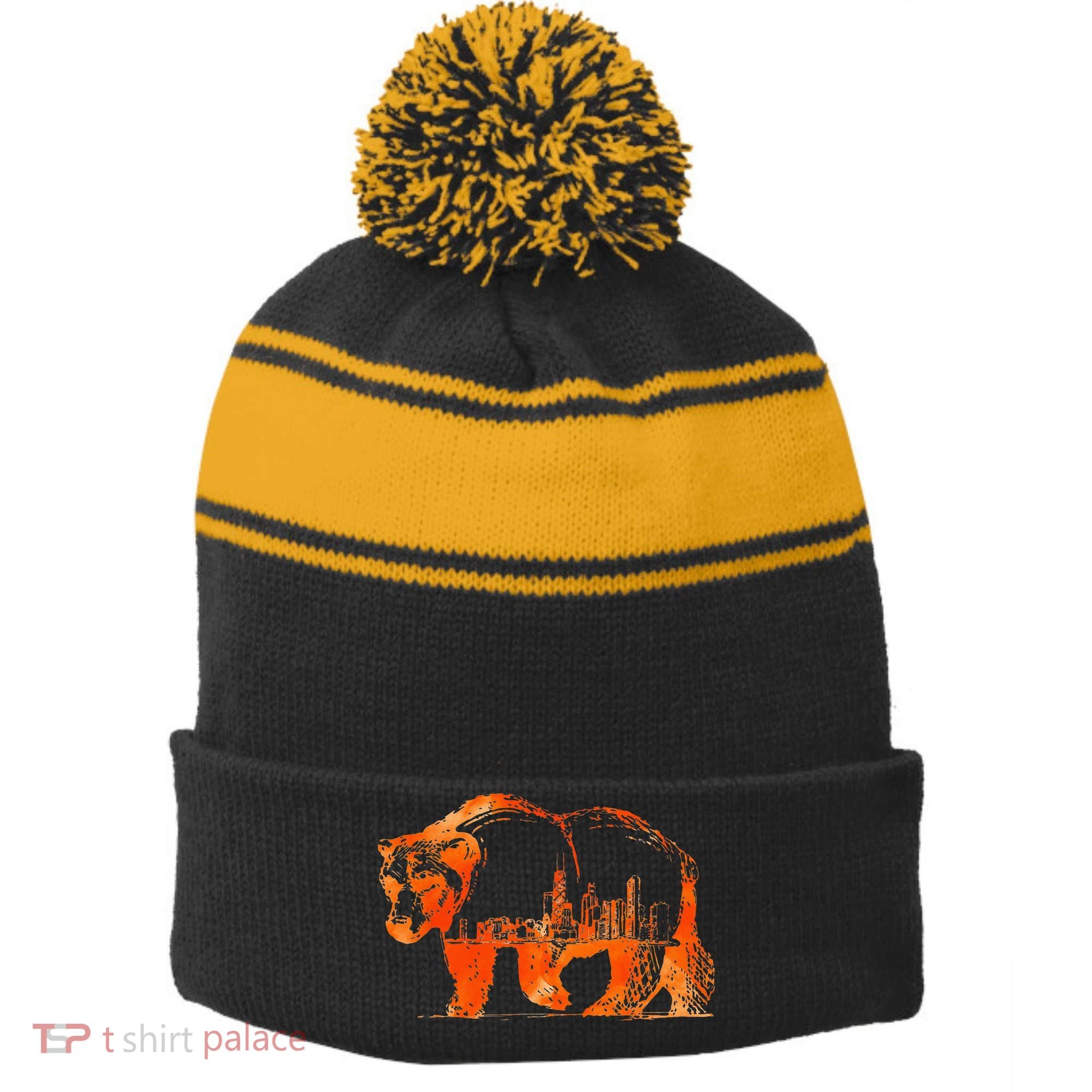 Walking Bear Silhouette Downtown Chicago City Skyline Gift Stripe Pom Pom Beanie