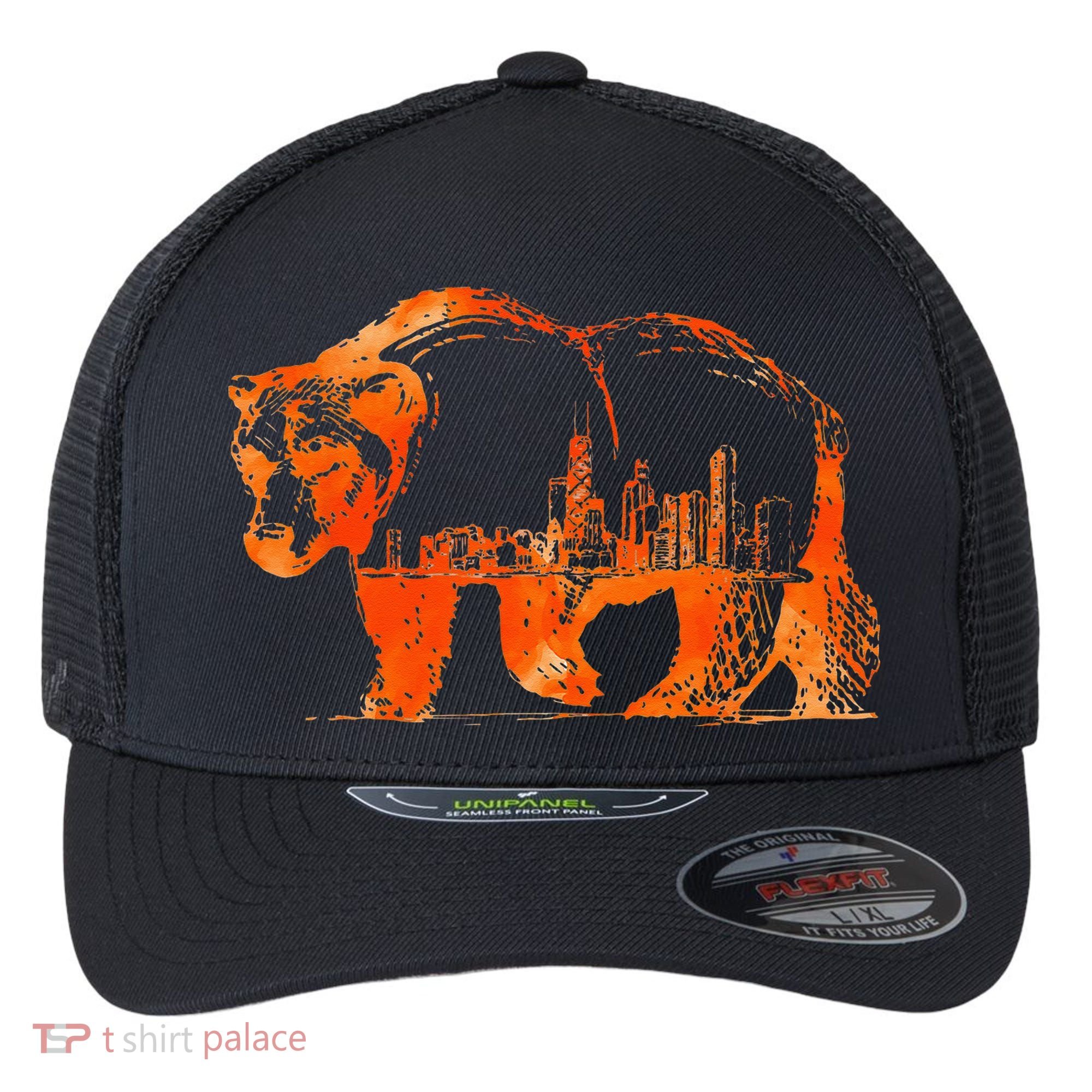 Walking Bear Silhouette Downtown Chicago City Skyline Gift Flexfit Unipanel Trucker Cap