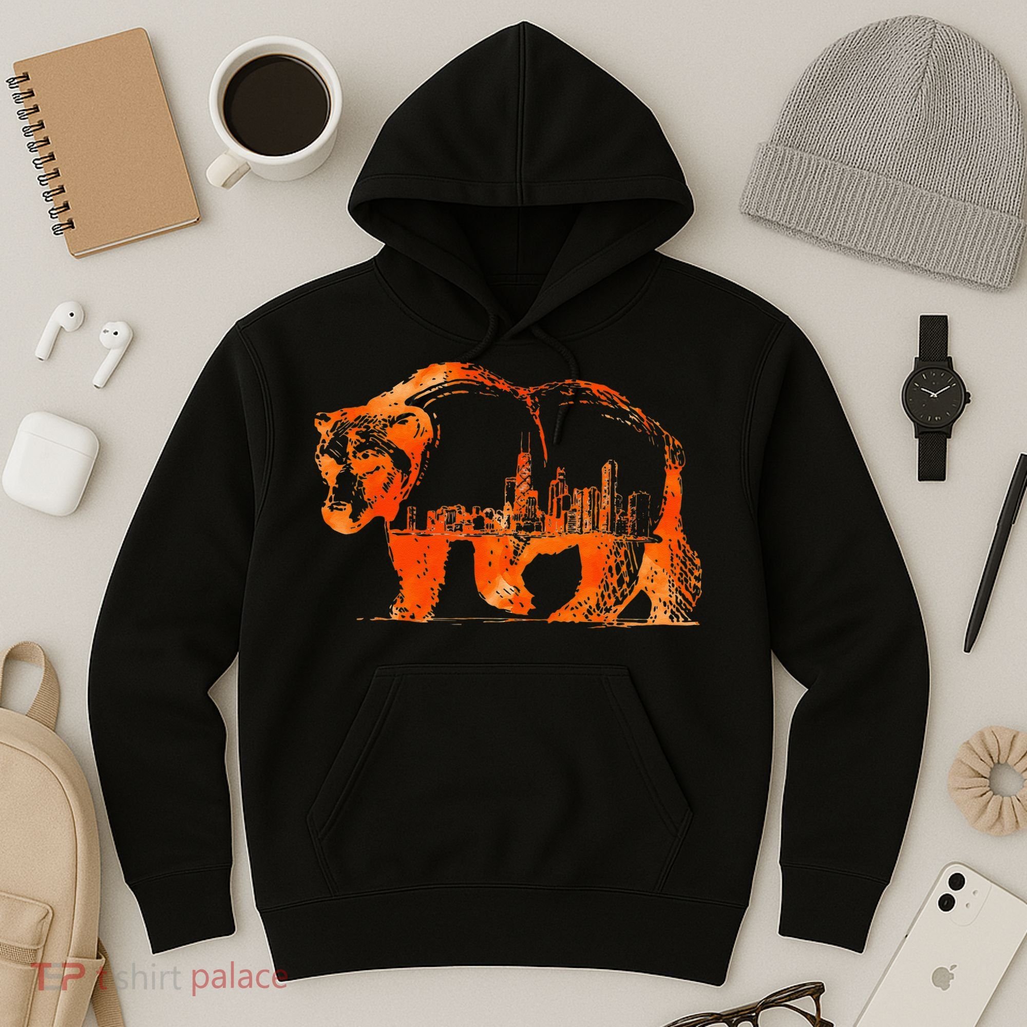 Walking Bear Silhouette Downtown Chicago City Skyline Gift Hoodie