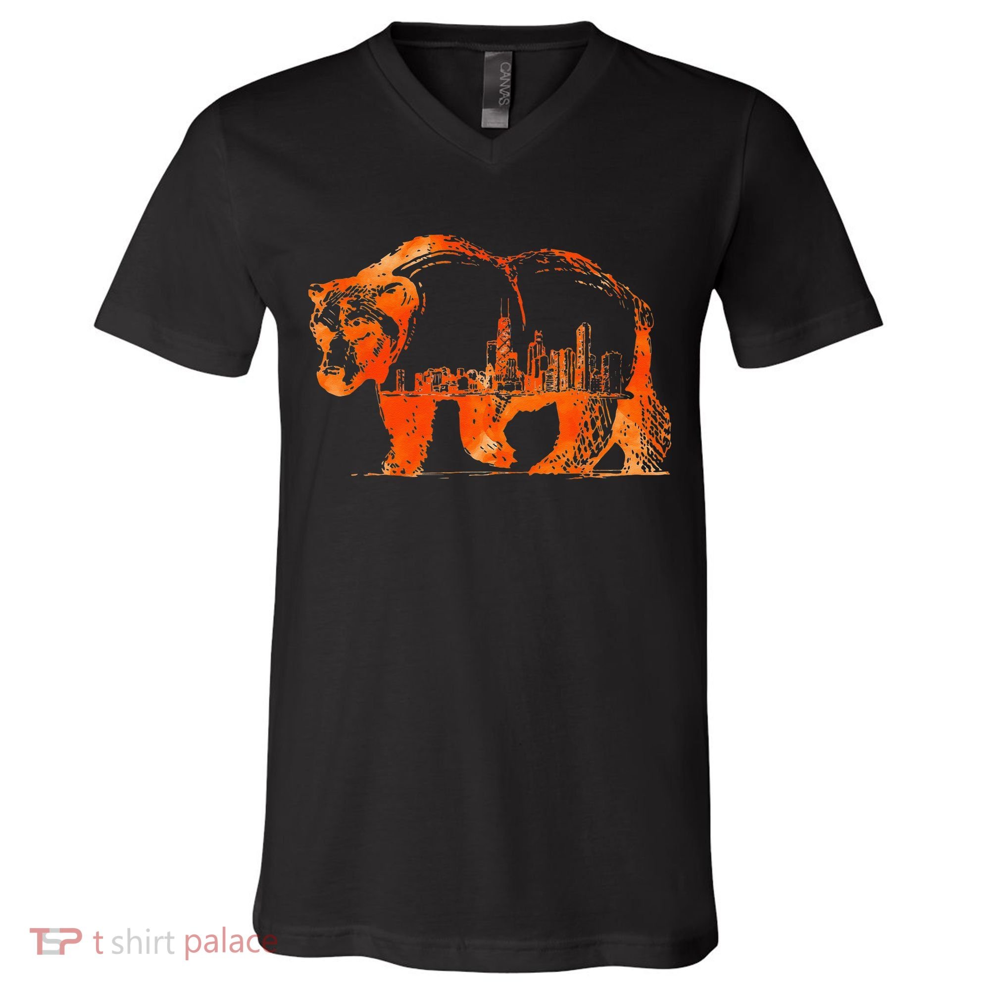 Walking Bear Silhouette Downtown Chicago City Skyline Gift V-Neck T-Shirt