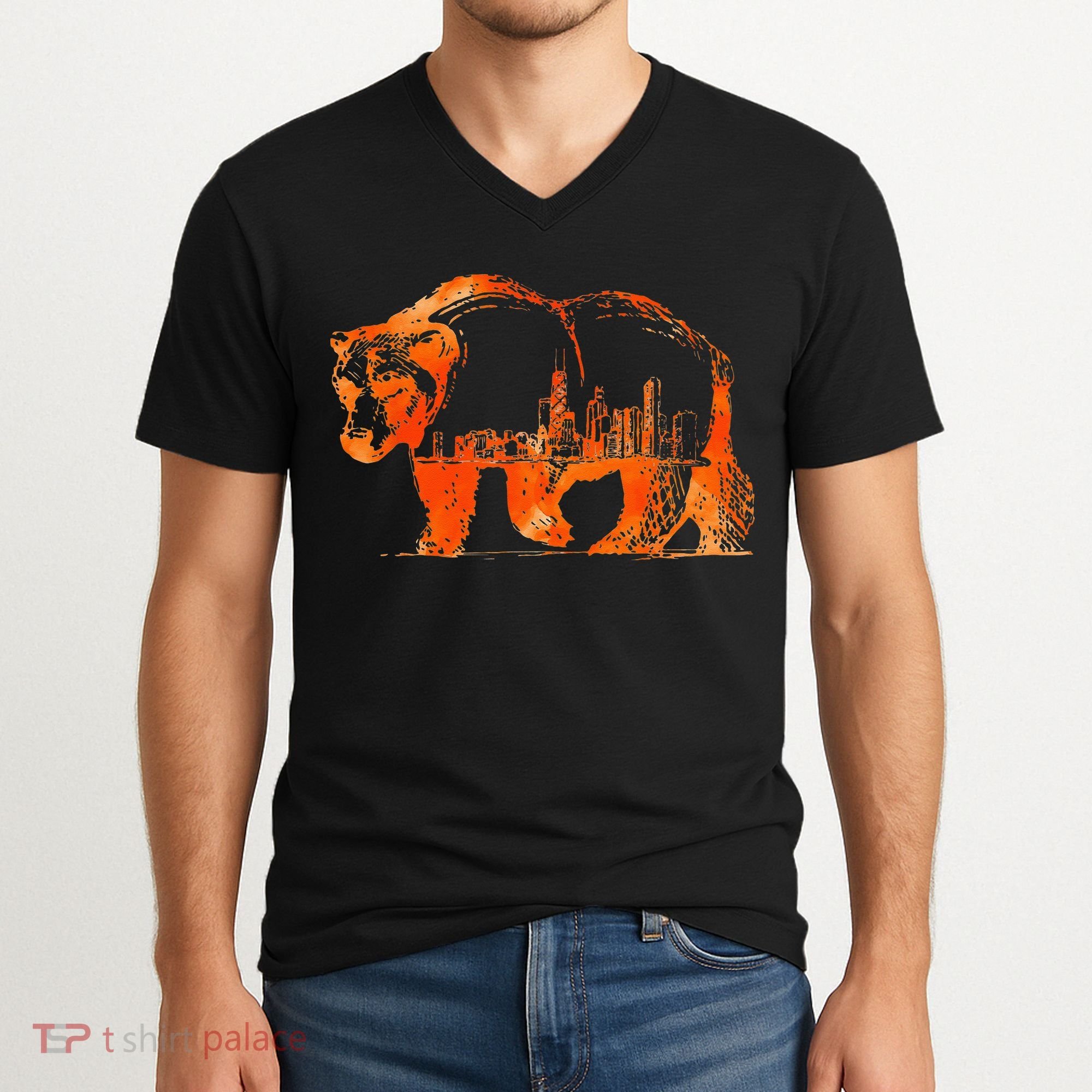 Walking Bear Silhouette Downtown Chicago City Skyline Gift V-Neck T-Shirt