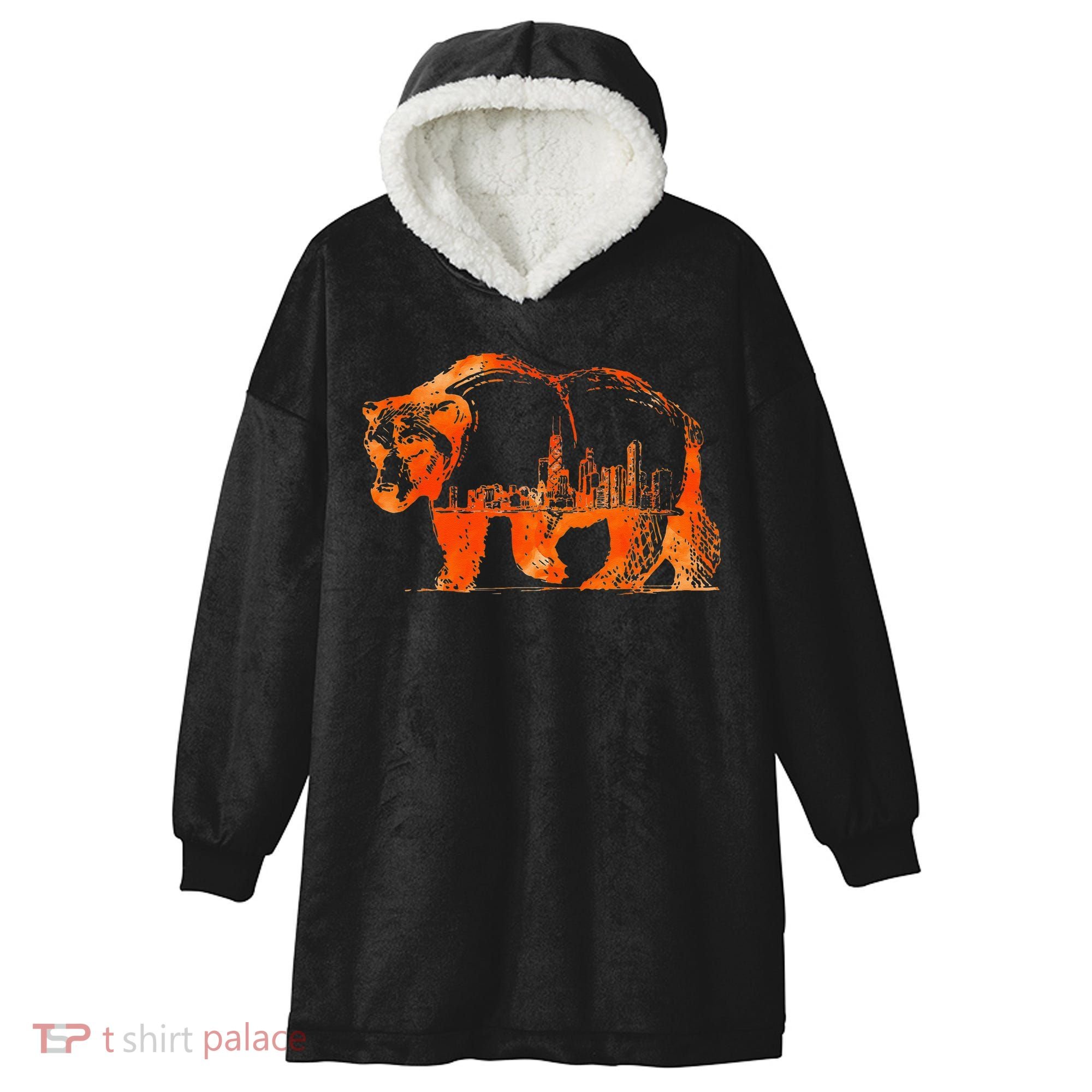 Walking Bear Silhouette Downtown Chicago City Skyline Gift Hooded Wearable Blanket