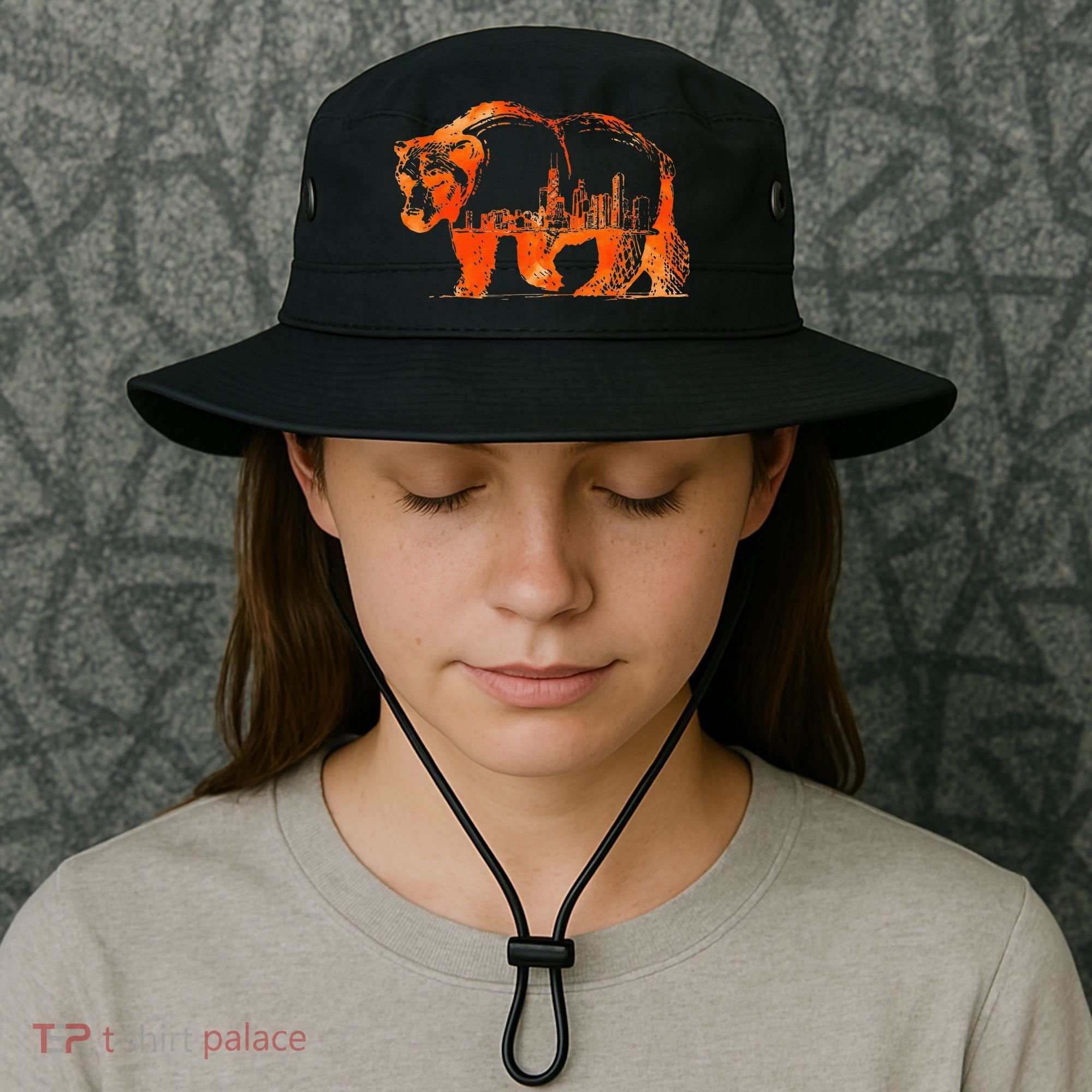 Walking Bear Silhouette Downtown Chicago City Skyline Gift Bucket Hat