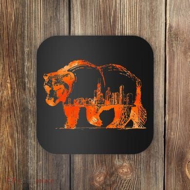 Walking Bear Silhouette Downtown Chicago City Skyline Gift Coaster