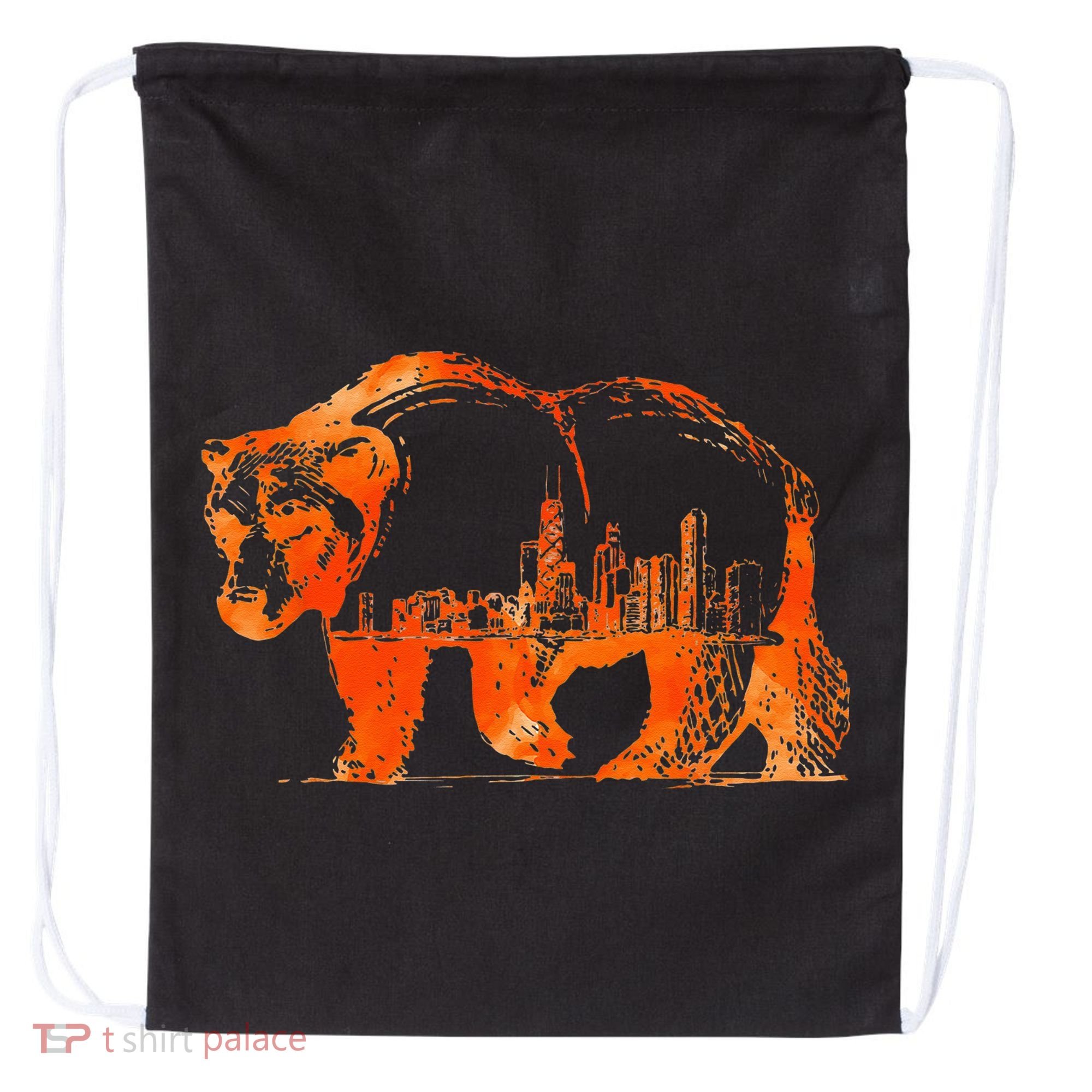 Walking Bear Silhouette Downtown Chicago City Skyline Gift Drawstring Bag