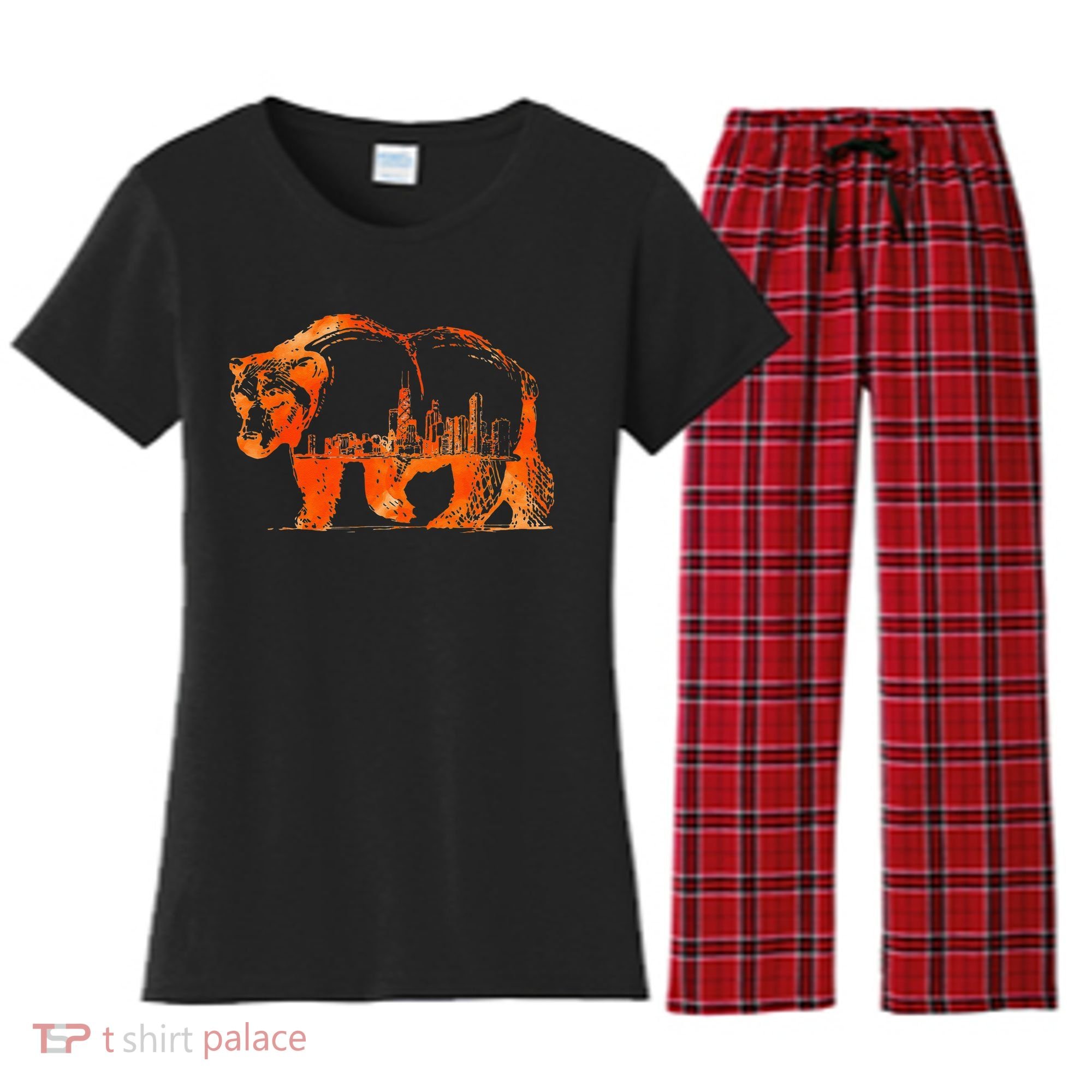 Walking Bear Silhouette Downtown Chicago City Skyline Gift Women's Flannel Pajama Set