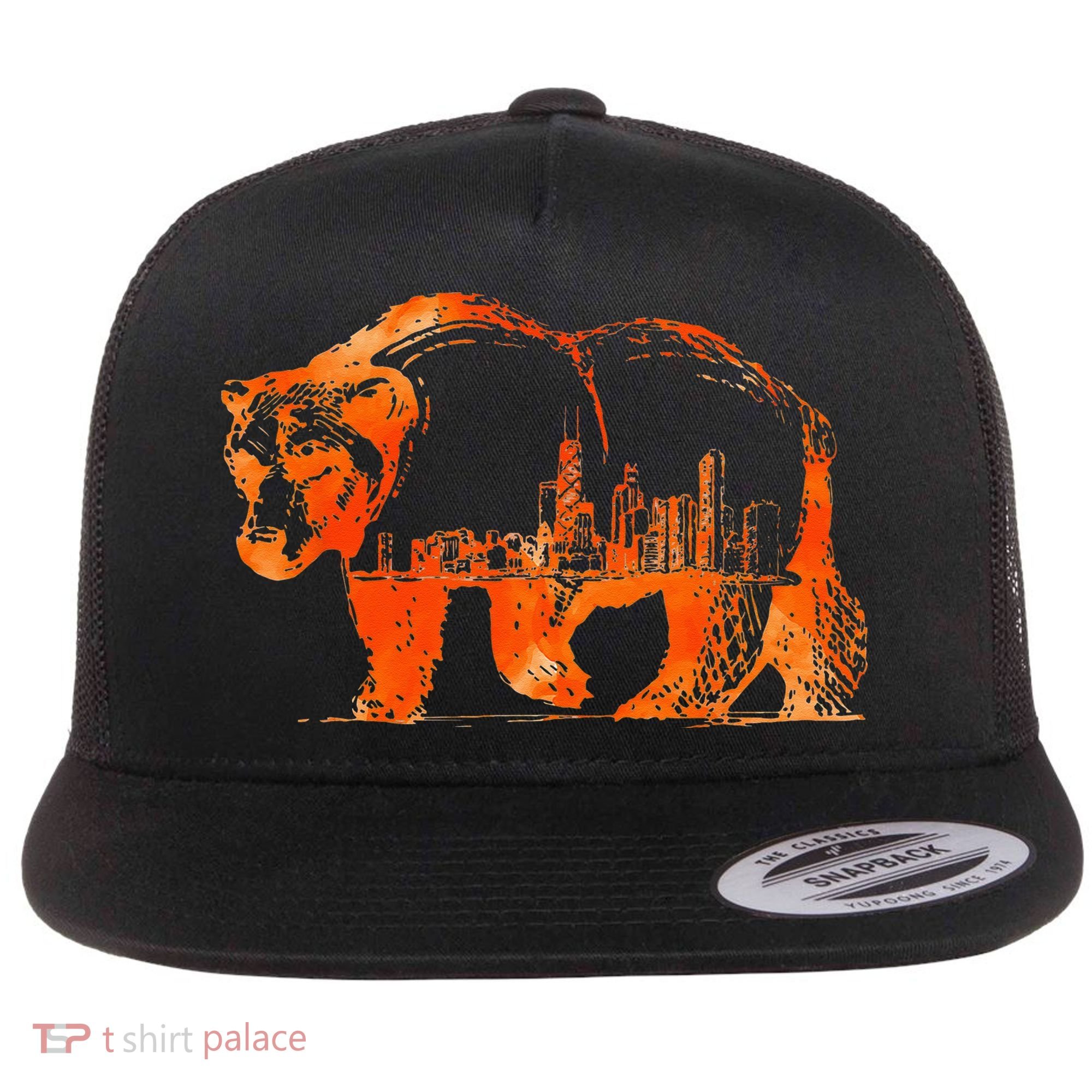 Walking Bear Silhouette Downtown Chicago City Skyline Gift Flat Bill Trucker Hat