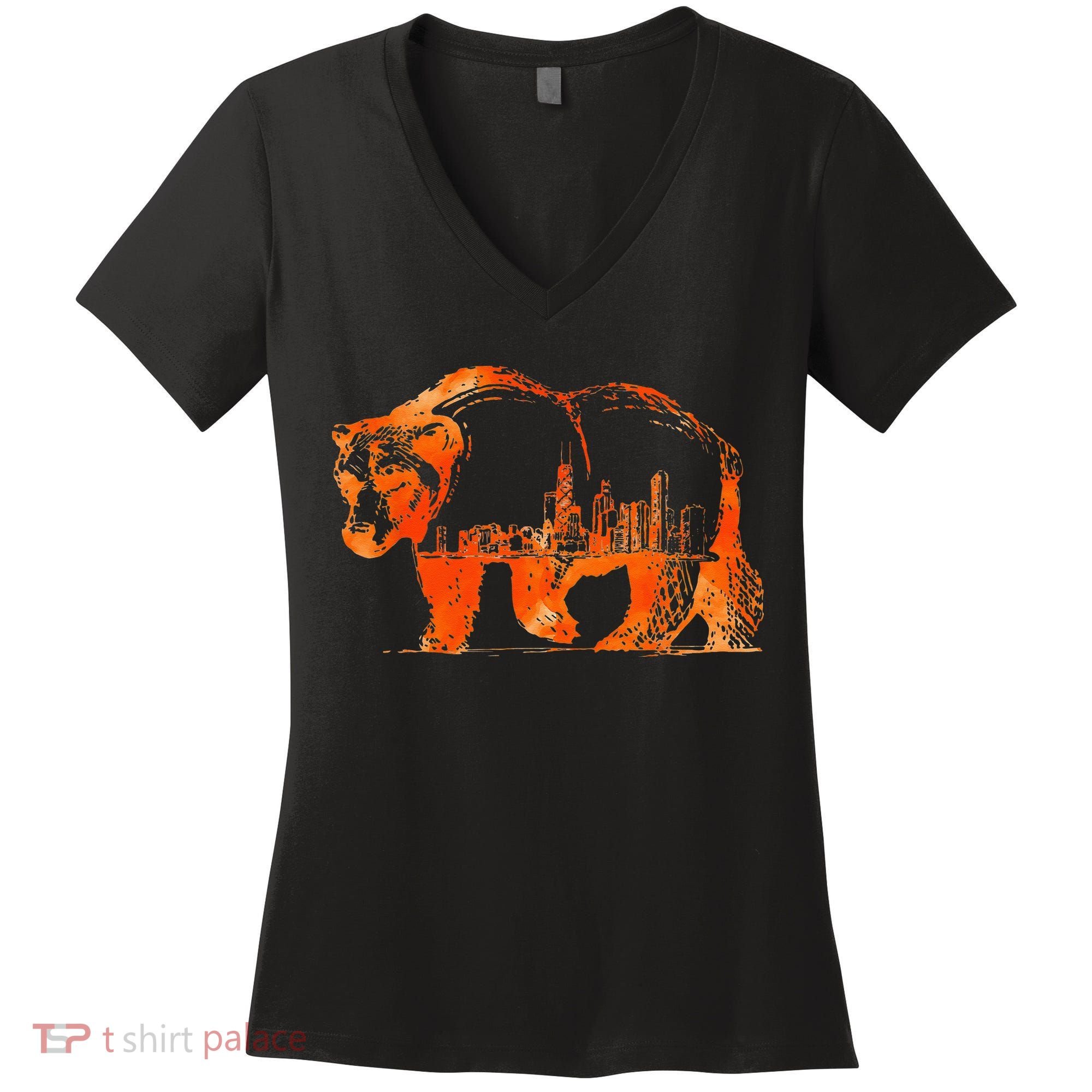 Walking Bear Silhouette Downtown Chicago City Skyline Gift Women's V-Neck T-Shirt
