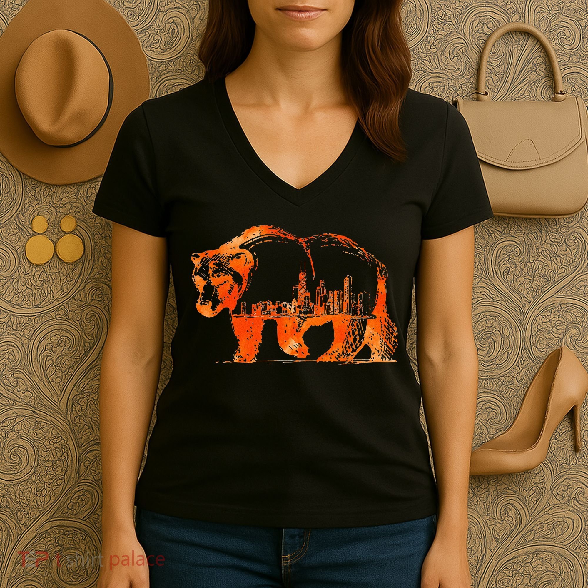 Walking Bear Silhouette Downtown Chicago City Skyline Gift Women's V-Neck T-Shirt