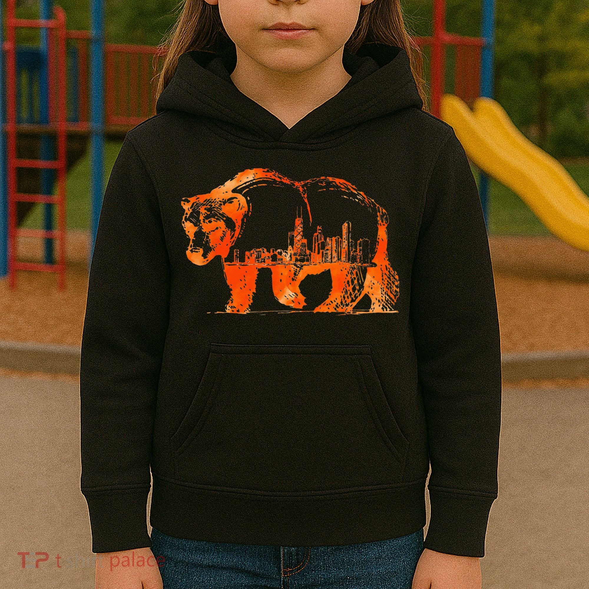 Walking Bear Silhouette Downtown Chicago City Skyline Gift Kids Hoodie