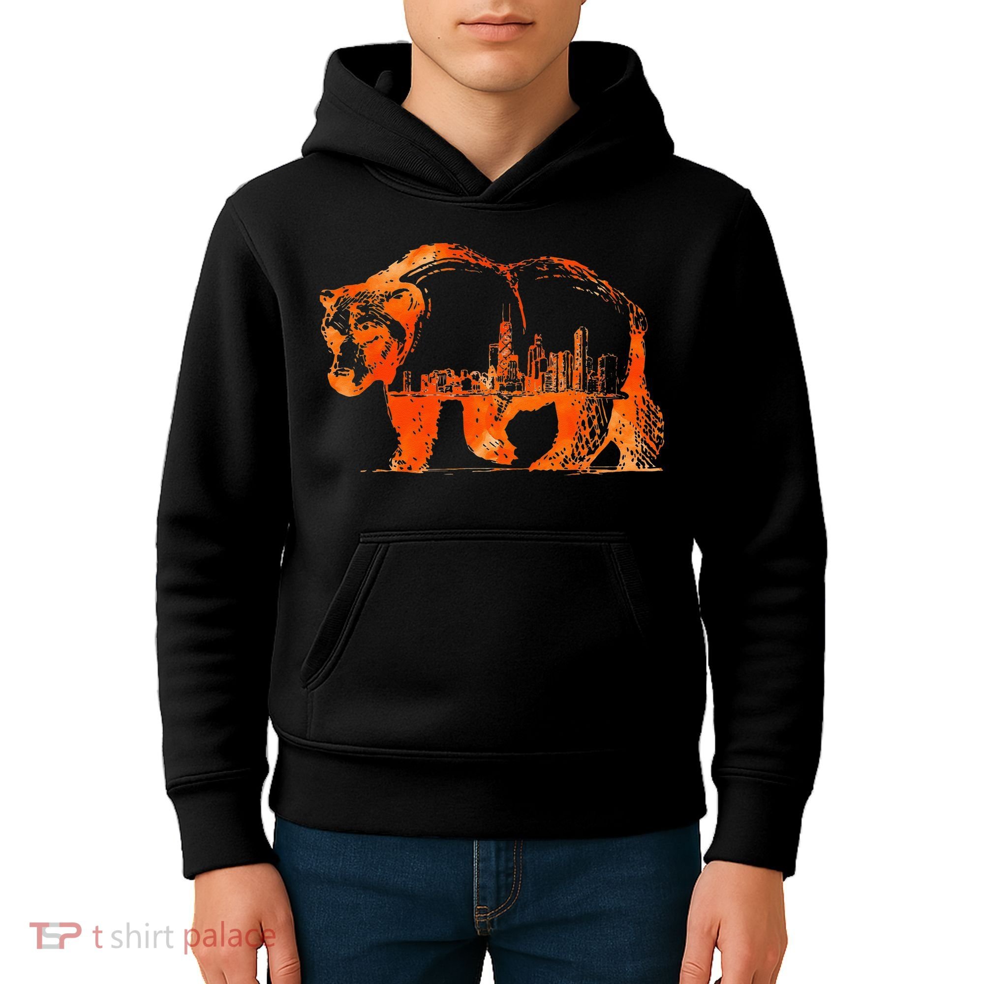 Walking Bear Silhouette Downtown Chicago City Skyline Gift Kids Hoodie