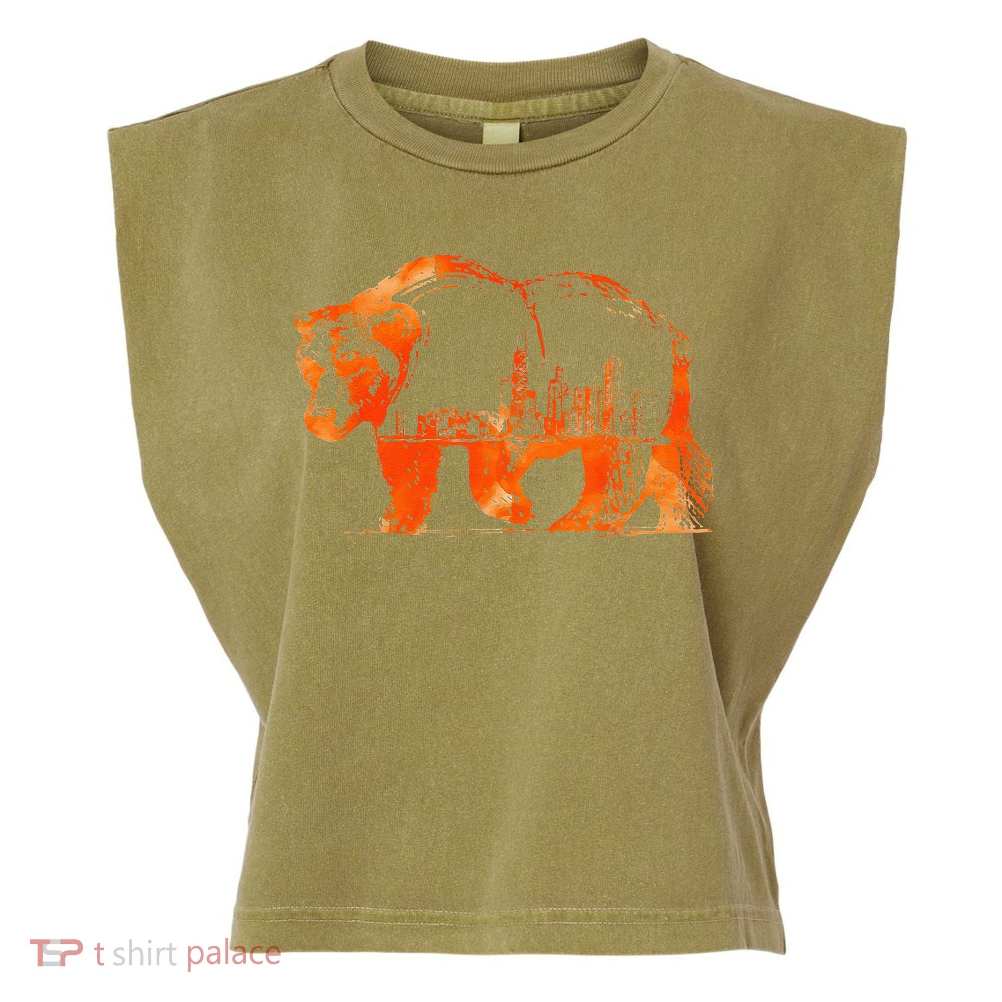 Walking Bear Silhouette Downtown Chicago City Skyline Gift Garment-Dyed Women's Muscle Tee