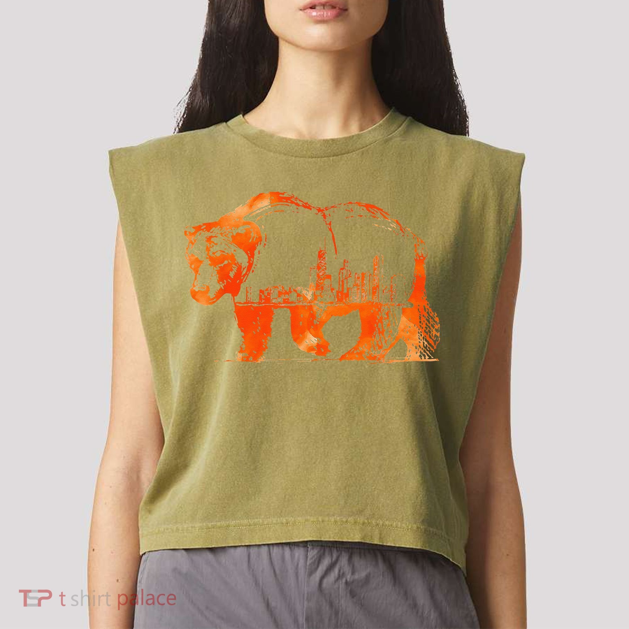 Walking Bear Silhouette Downtown Chicago City Skyline Gift Garment-Dyed Women's Muscle Tee