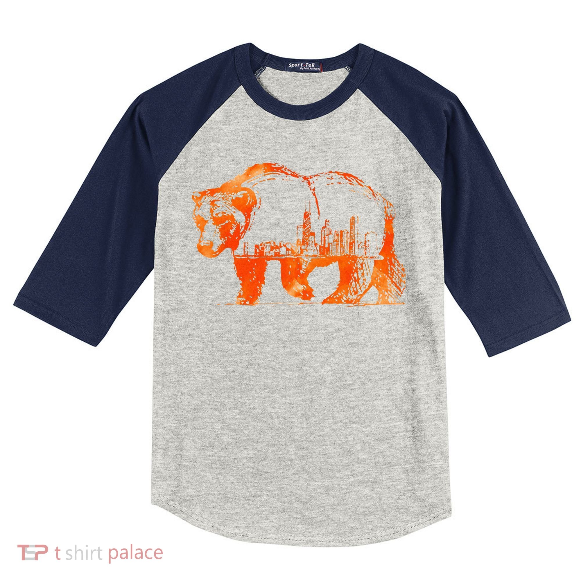 Walking Bear Silhouette Downtown Chicago City Skyline Gift Kids Colorblock Raglan Jersey