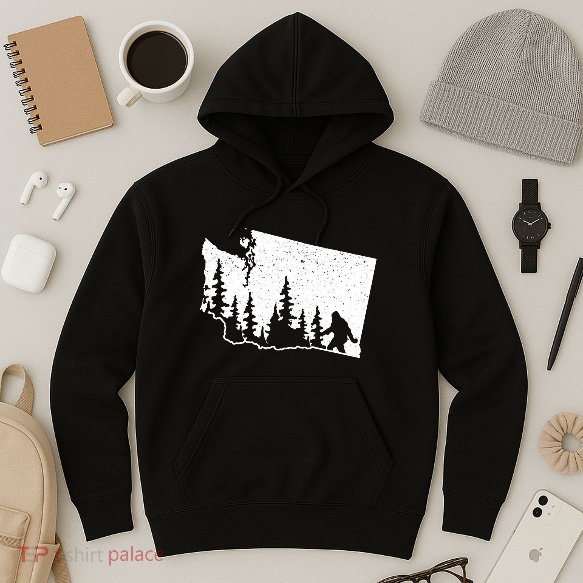 Washington Bigfoot Sasquatch Trees Silhouette State Pride Hoodie