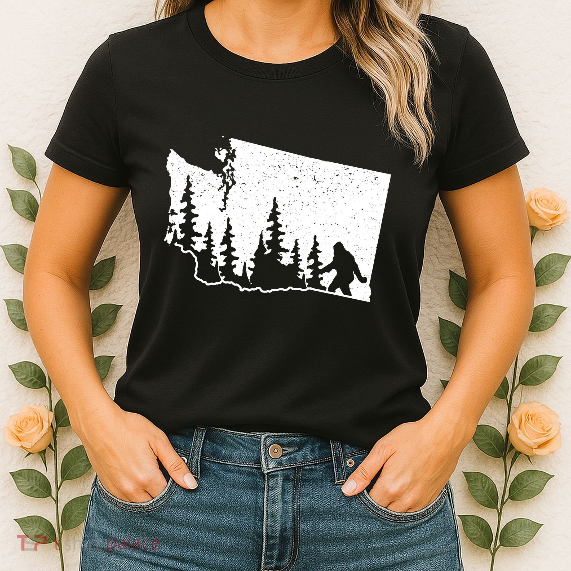 Washington Bigfoot Sasquatch Trees Silhouette State Pride Women's T-Shirt