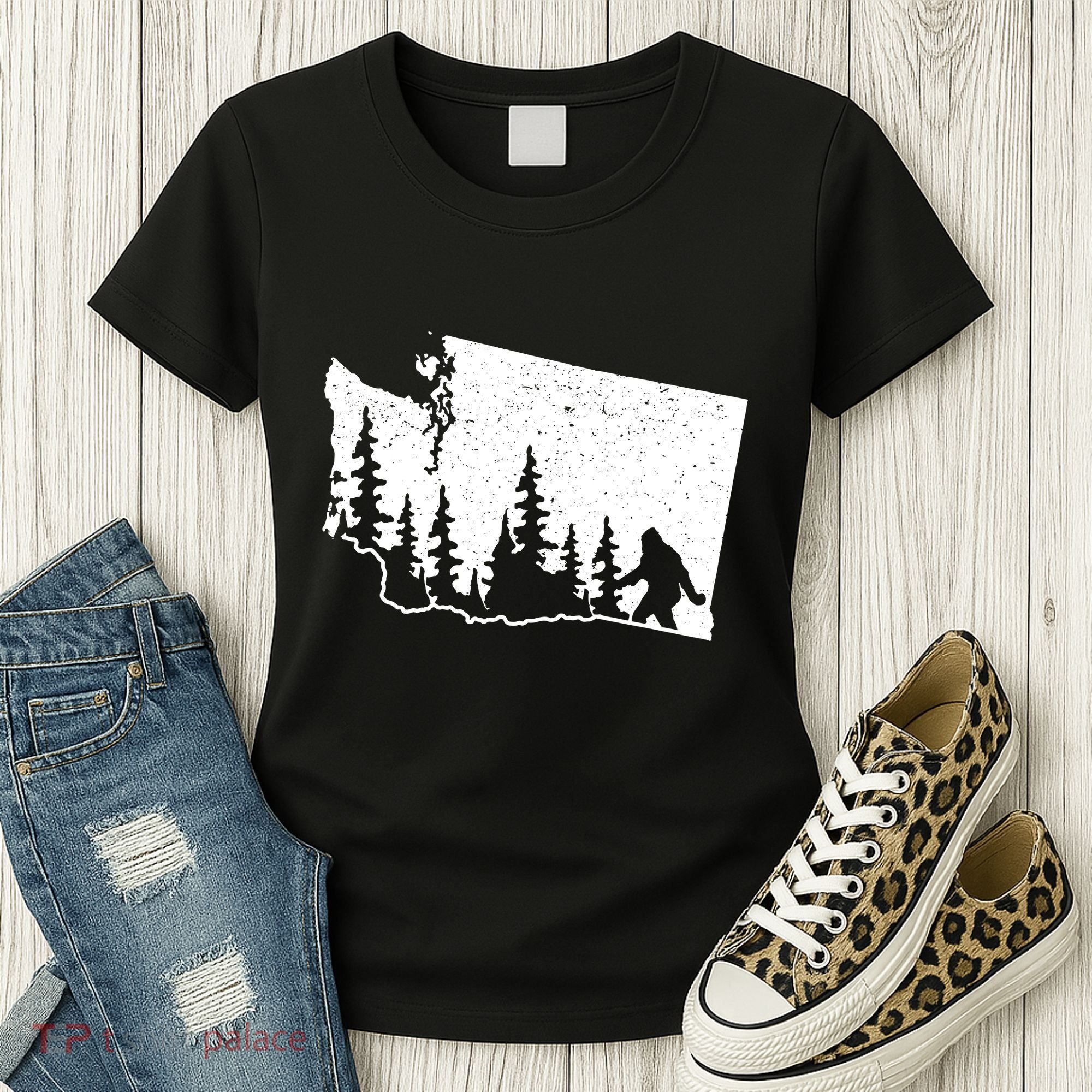 Washington Bigfoot Sasquatch Trees Silhouette State Pride Women's T-Shirt
