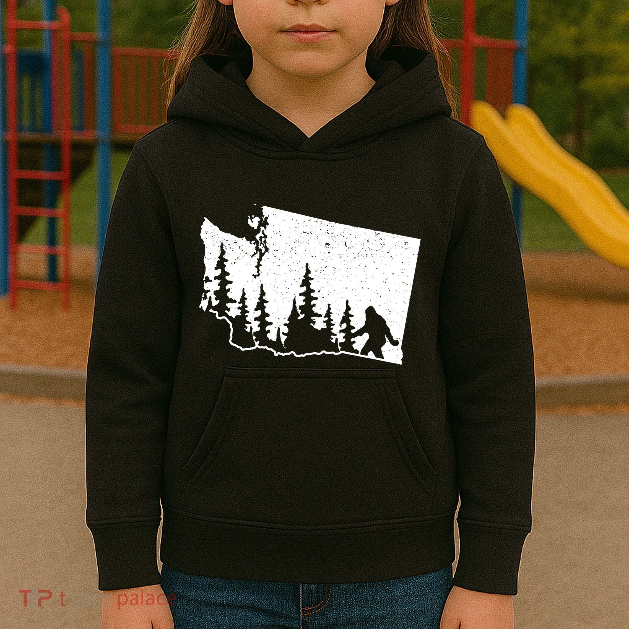 Washington Bigfoot Sasquatch Trees Silhouette State Pride Kids Hoodie