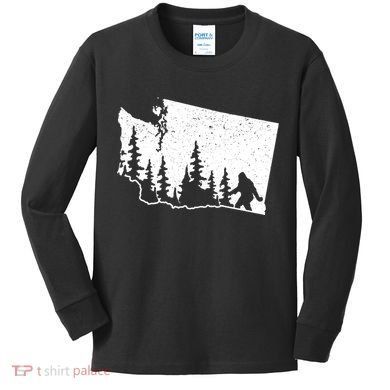 Washington Bigfoot Sasquatch Trees Silhouette State Pride Kids Long Sleeve Shirt