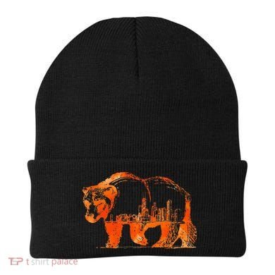 Walking Bear Silhouette Downtown Chicago City Skyline Gift Beanie