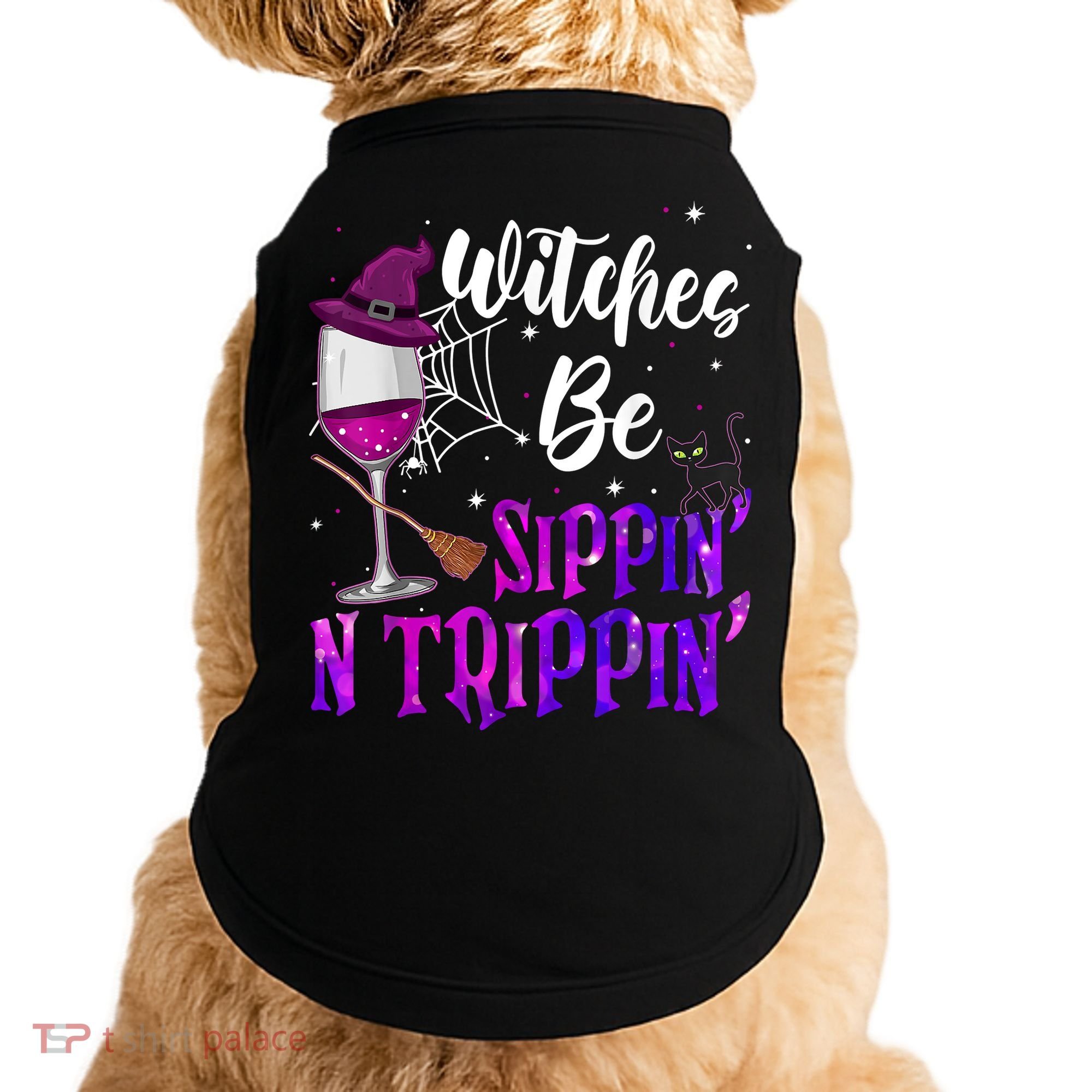 Witches Be Sippin N Trippin Halloween Drinking Funny Black Cat Doggie Tank