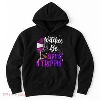 Witches Be Sippin N Trippin Halloween Drinking Funny Black Cat Hoodie thumb 0