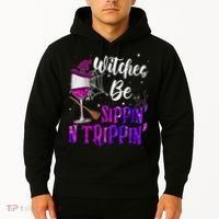 Witches Be Sippin N Trippin Halloween Drinking Funny Black Cat Hoodie thumb 2