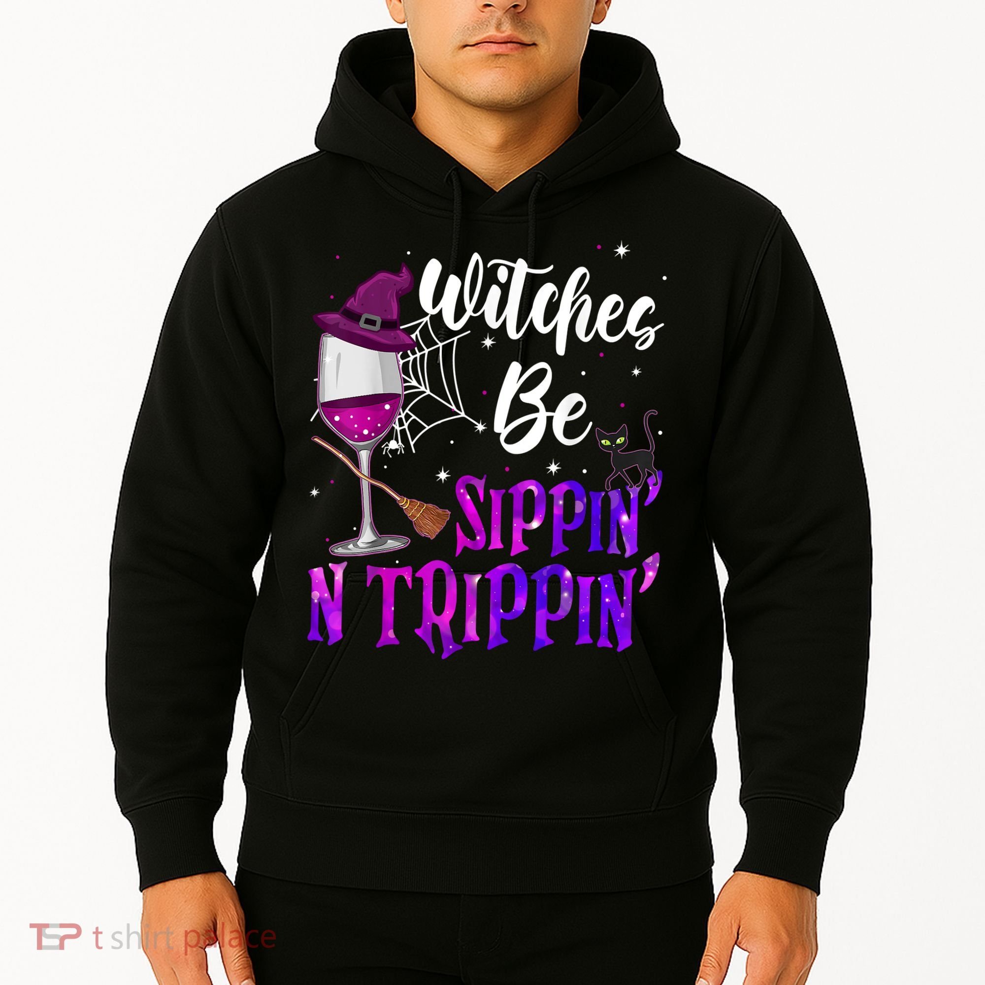 Witches Be Sippin N Trippin Halloween Drinking Funny Black Cat Hoodie