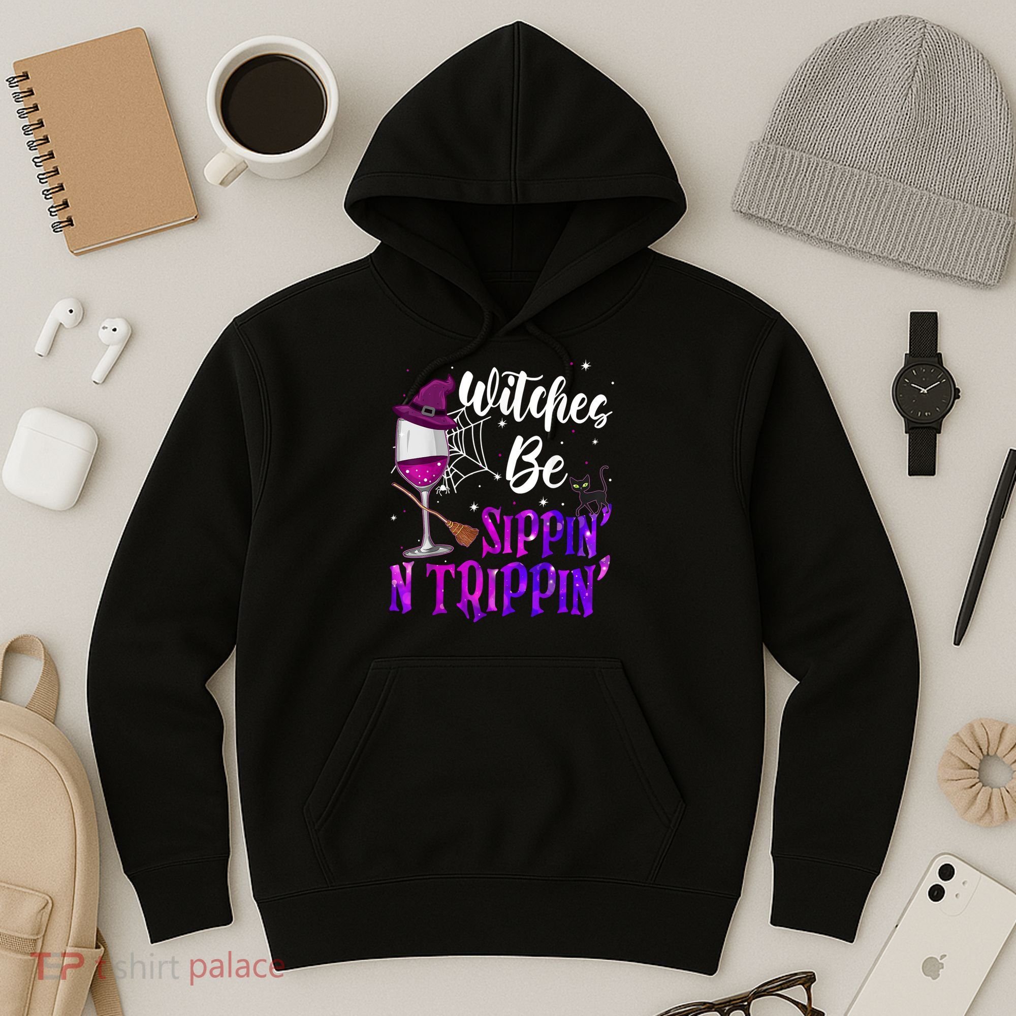 Witches Be Sippin N Trippin Halloween Drinking Funny Black Cat Hoodie