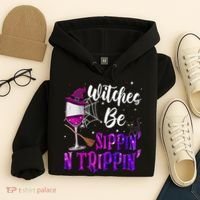 Witches Be Sippin N Trippin Halloween Drinking Funny Black Cat Hoodie thumb 4