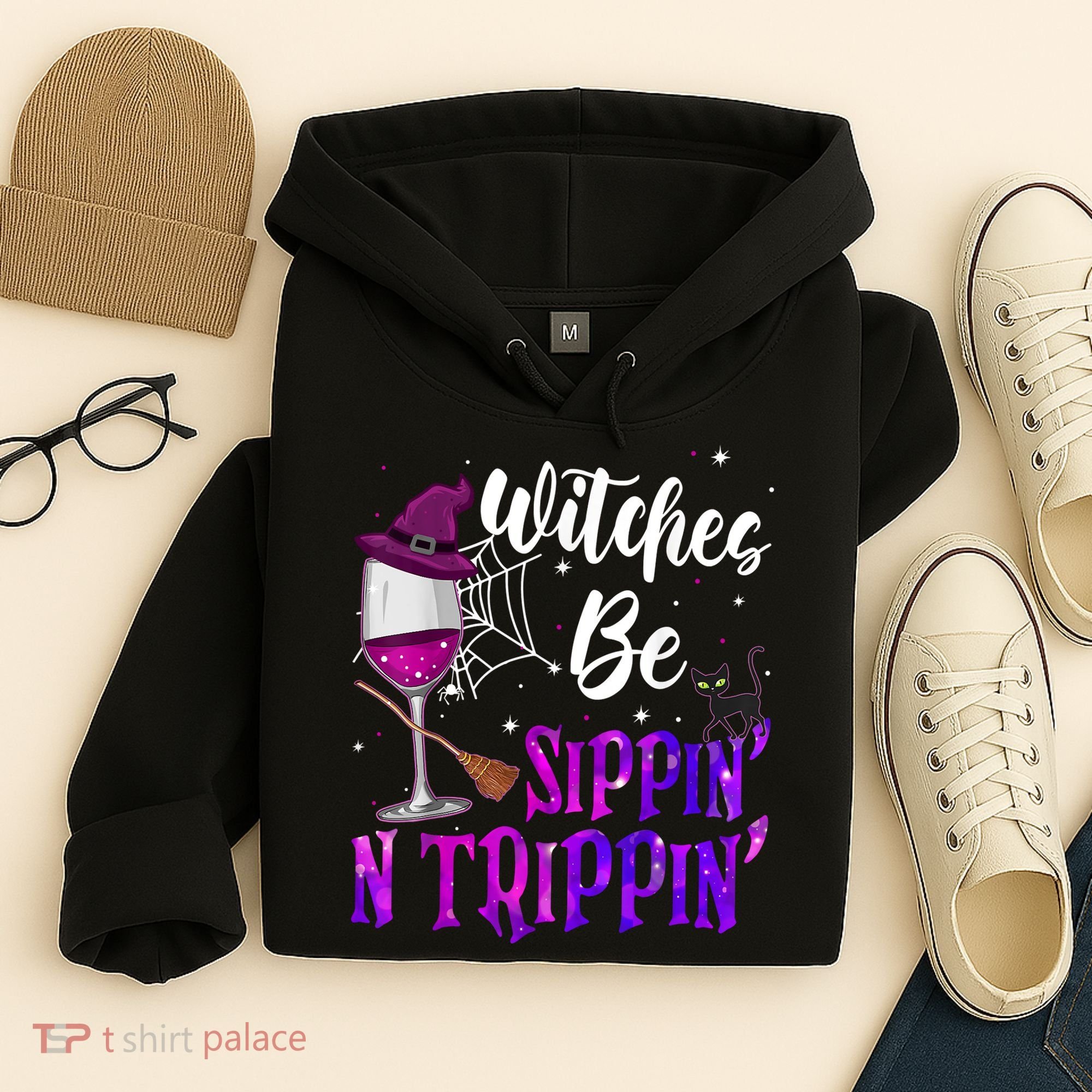 Witches Be Sippin N Trippin Halloween Drinking Funny Black Cat Hoodie