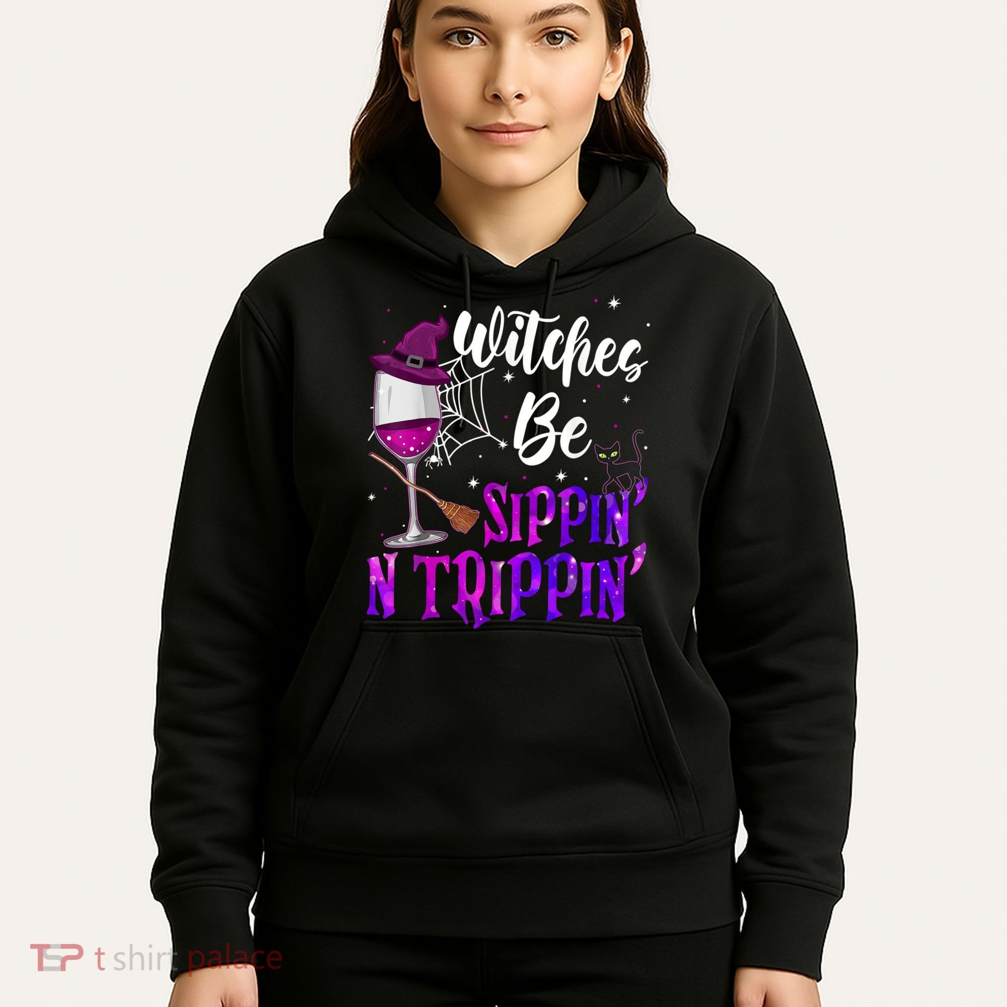Witches Be Sippin N Trippin Halloween Drinking Funny Black Cat Hoodie