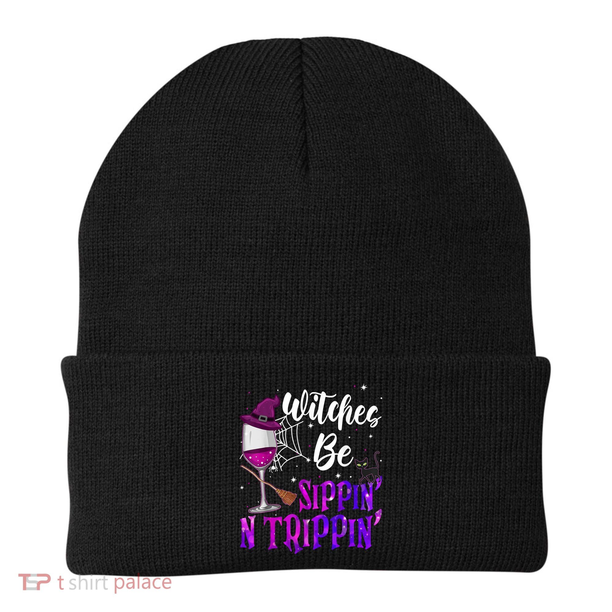 Witches Be Sippin N Trippin Halloween Drinking Funny Black Cat Beanie