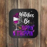 Witches Be Sippin N Trippin Halloween Drinking Funny Black Cat Coaster thumb 0