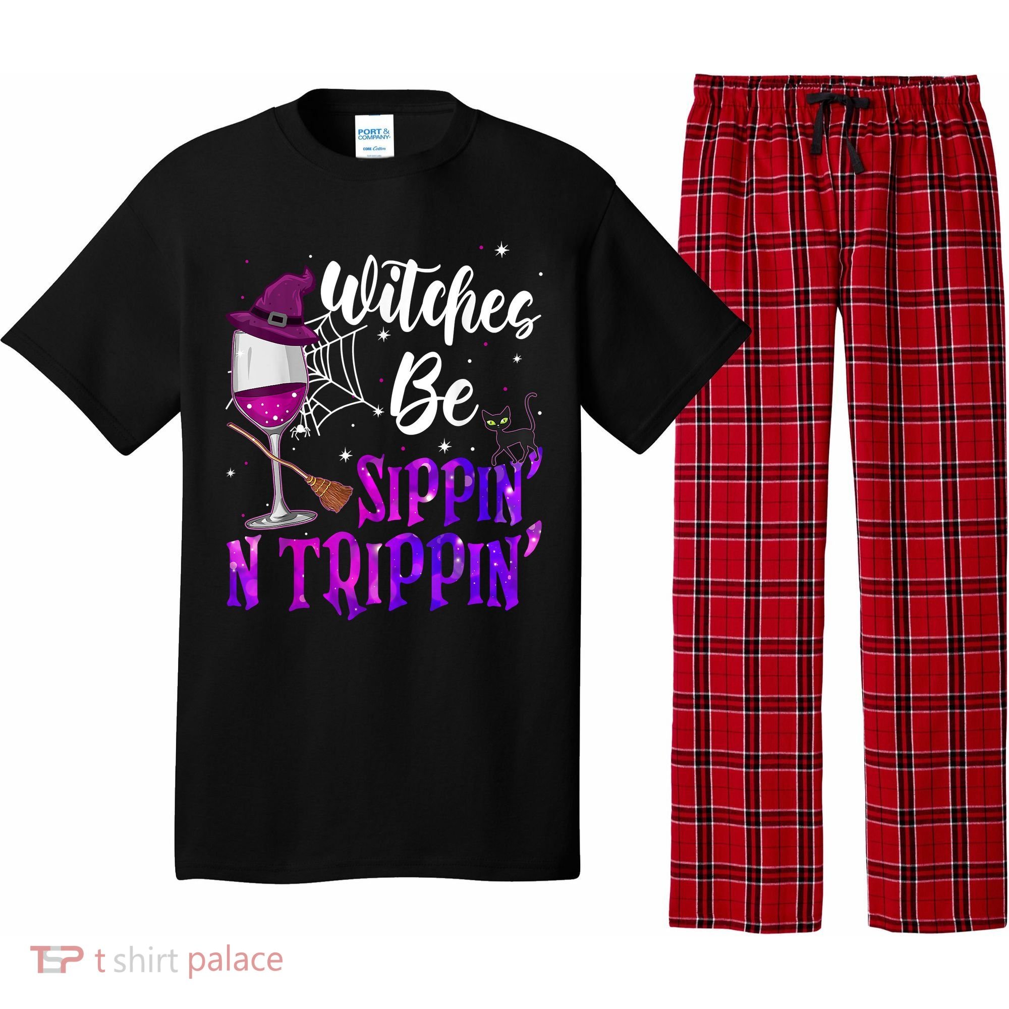 Witches Be Sippin N Trippin Halloween Drinking Funny Black Cat Pajama Set