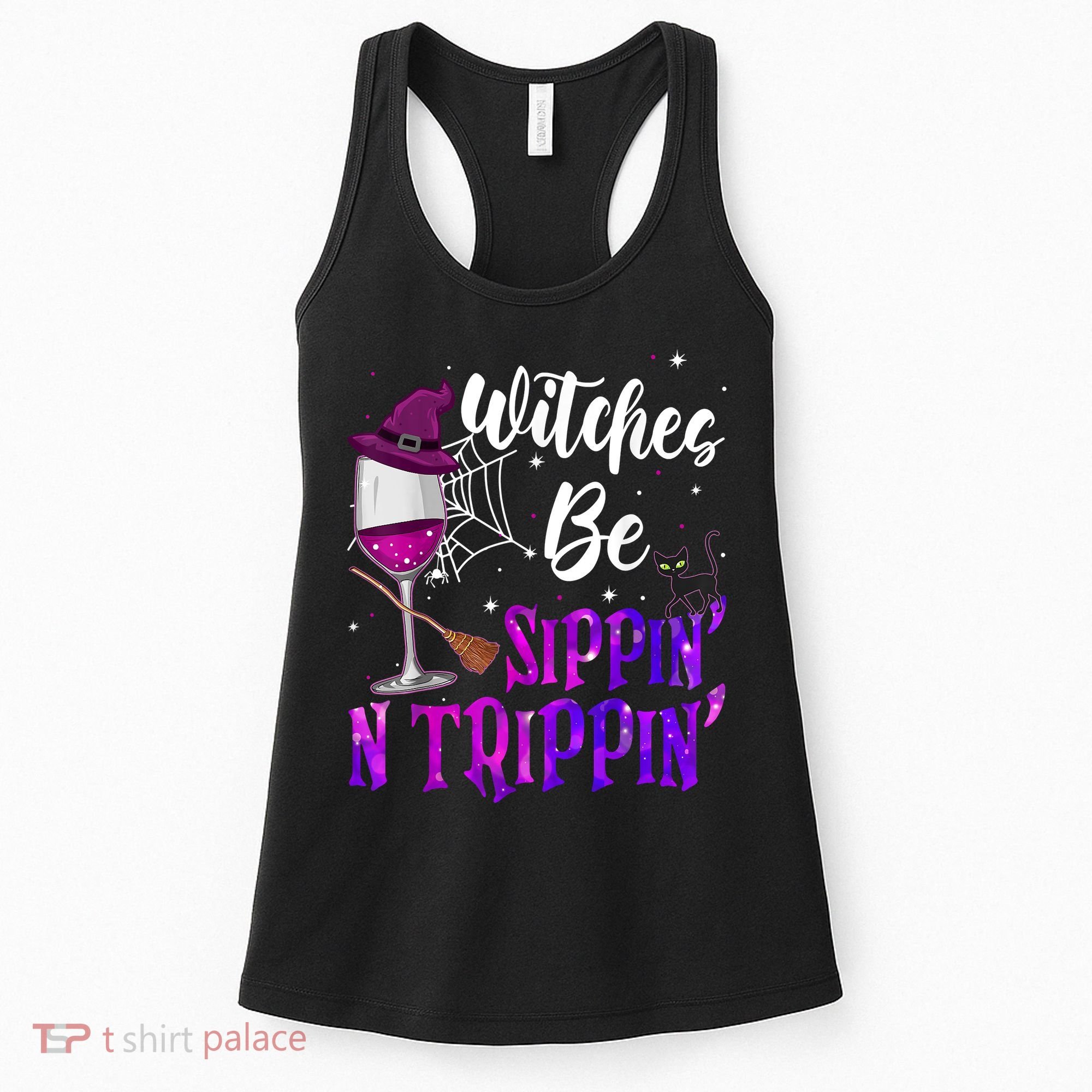 Witches Be Sippin N Trippin Halloween Drinking Funny Black Cat Women's Tank Top