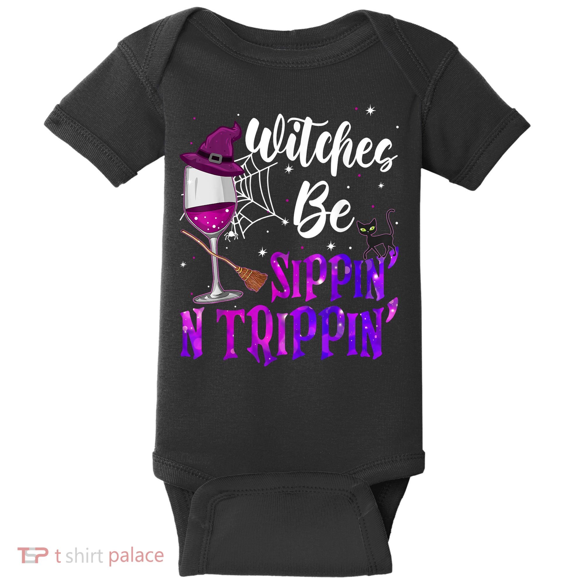 Witches Be Sippin N Trippin Halloween Drinking Funny Black Cat Baby Bodysuit