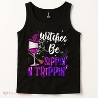 Witches Be Sippin N Trippin Halloween Drinking Funny Black Cat Tank Top thumb 2