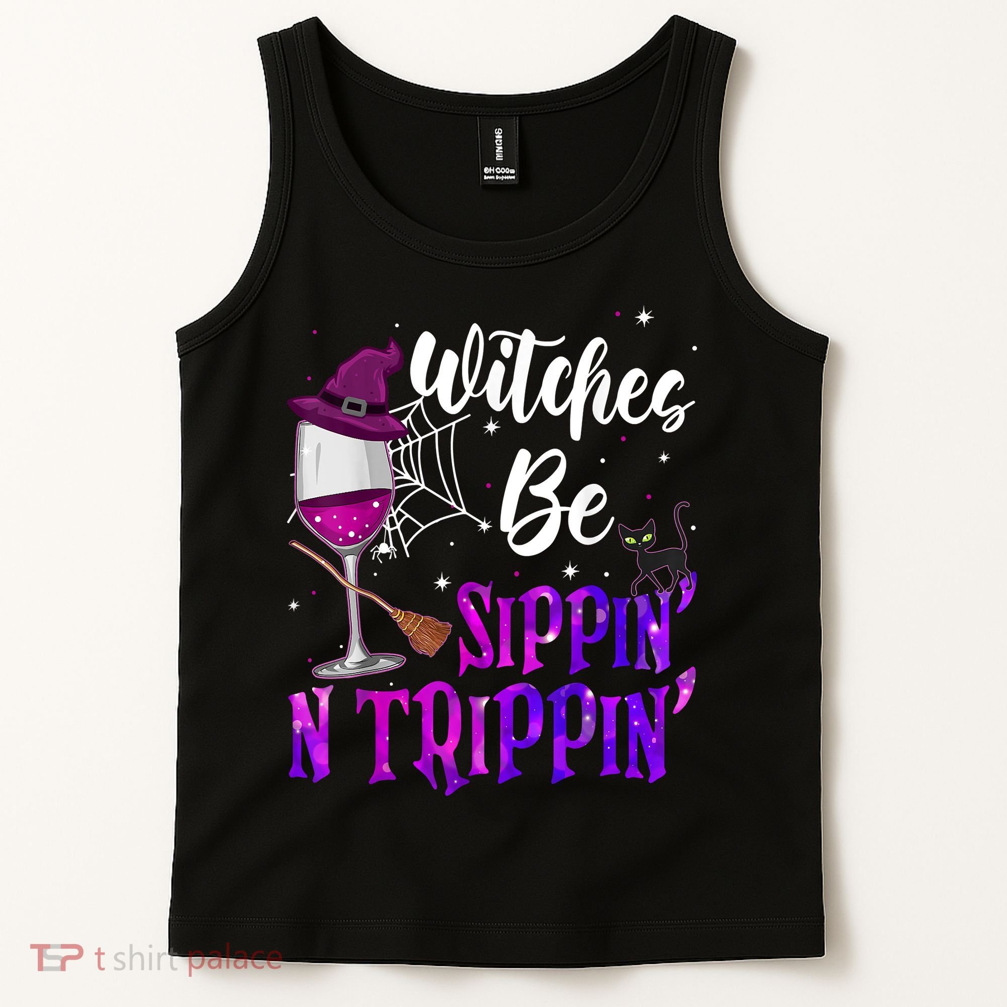 Witches Be Sippin N Trippin Halloween Drinking Funny Black Cat Tank Top