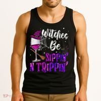 Witches Be Sippin N Trippin Halloween Drinking Funny Black Cat Tank Top thumb 3