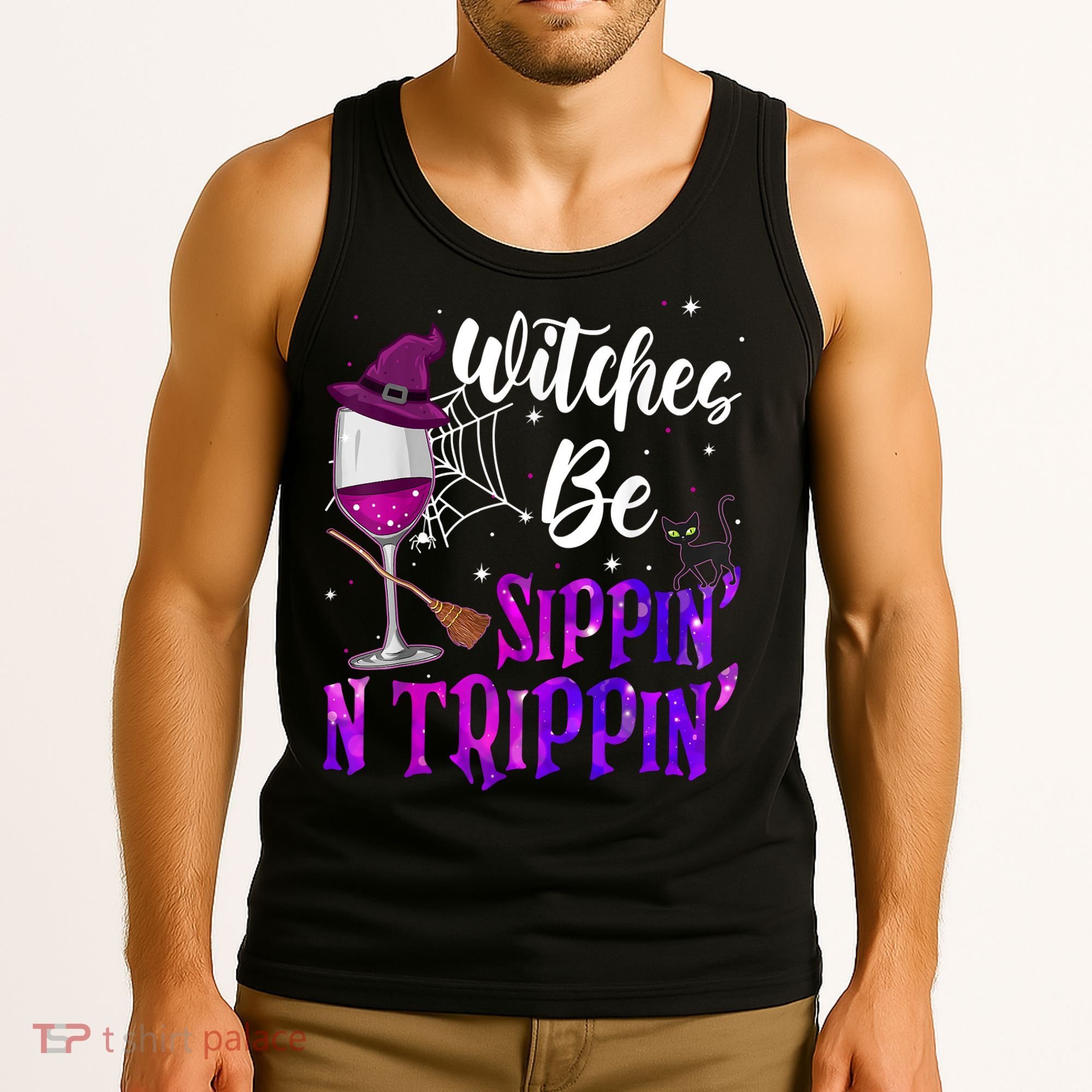 Witches Be Sippin N Trippin Halloween Drinking Funny Black Cat Tank Top