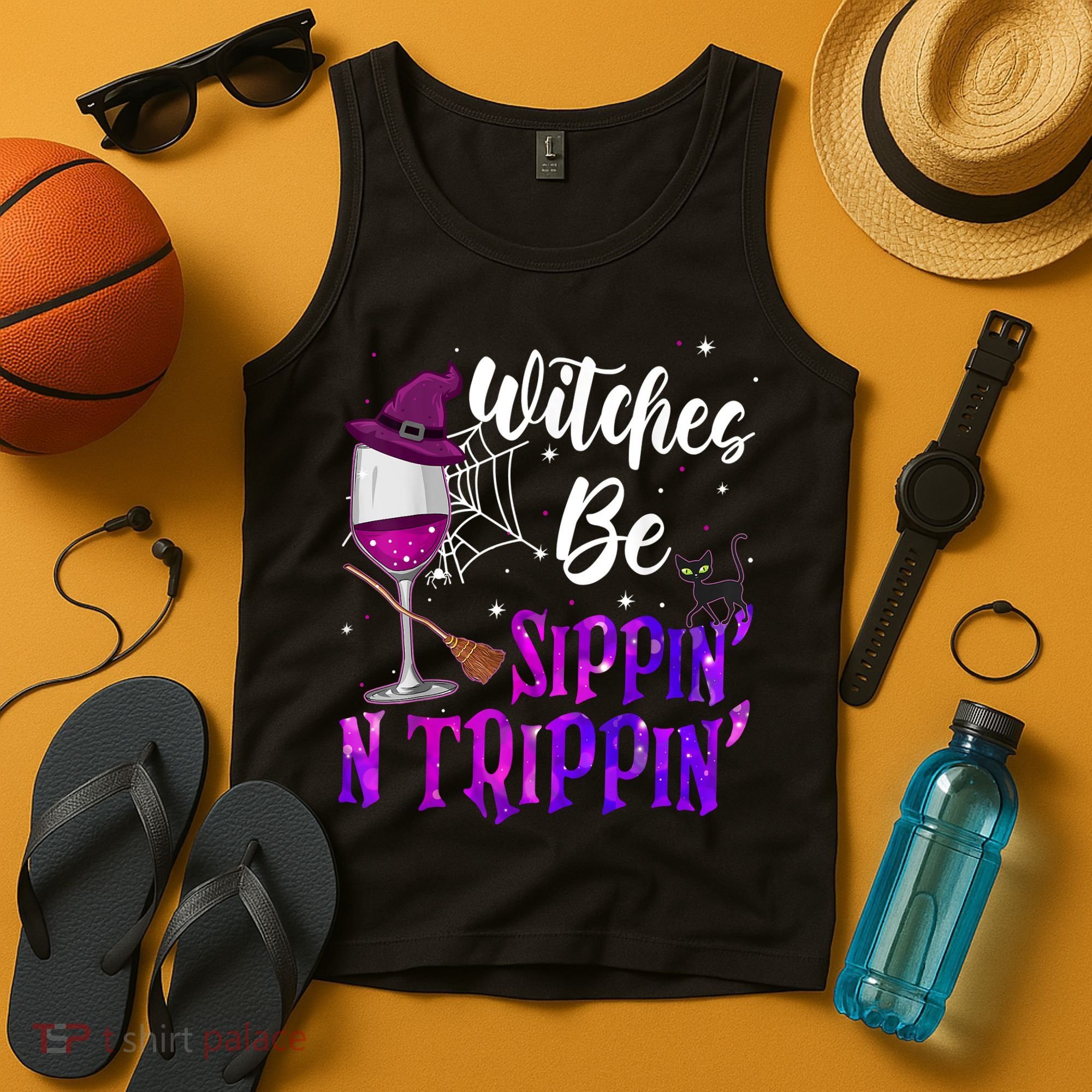 Witches Be Sippin N Trippin Halloween Drinking Funny Black Cat Tank Top