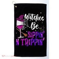 Witches Be Sippin N Trippin Halloween Drinking Funny Black Cat Golf Towel thumb 0