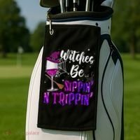 Witches Be Sippin N Trippin Halloween Drinking Funny Black Cat Golf Towel thumb 2