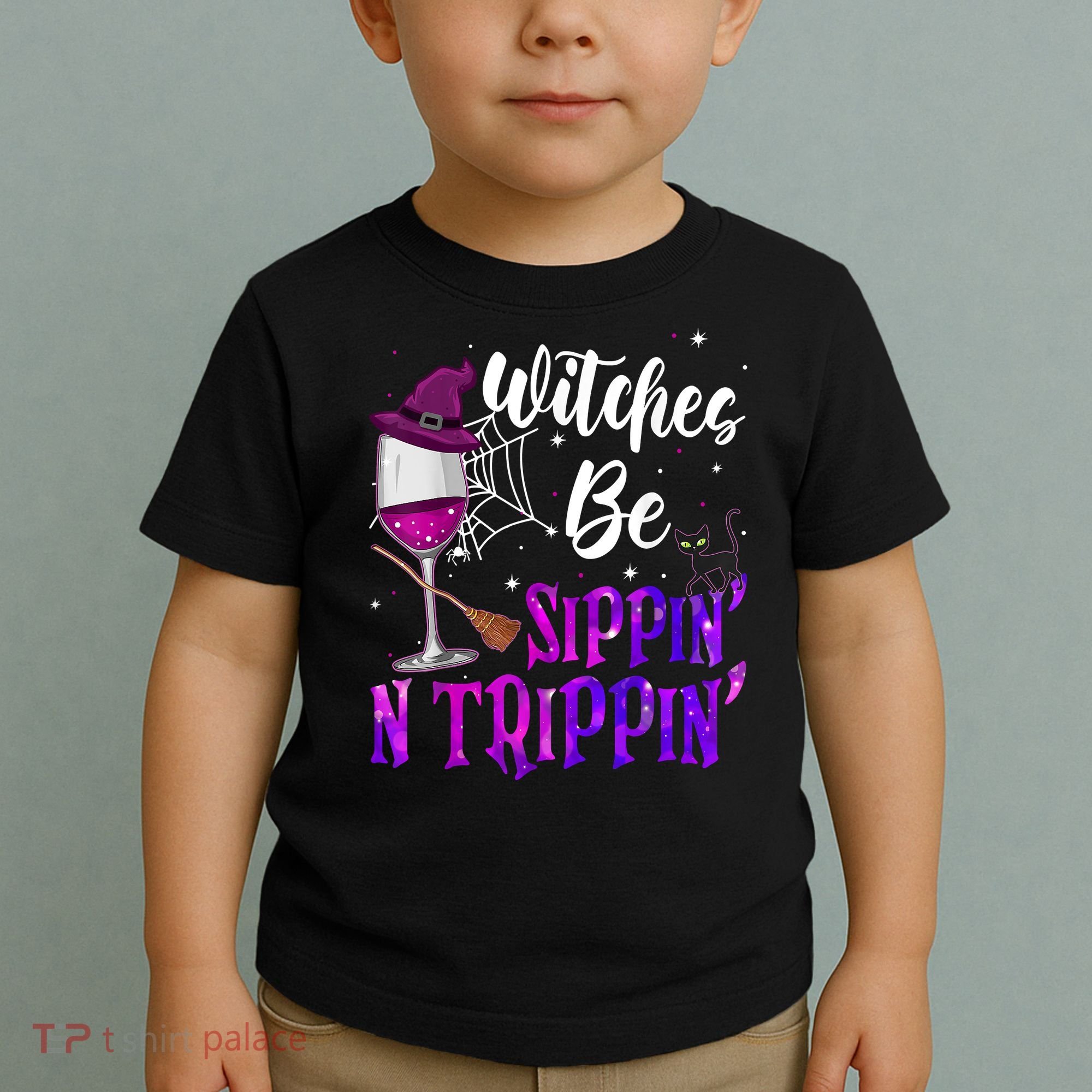 Witches Be Sippin N Trippin Halloween Drinking Funny Black Cat Toddler T-Shirt