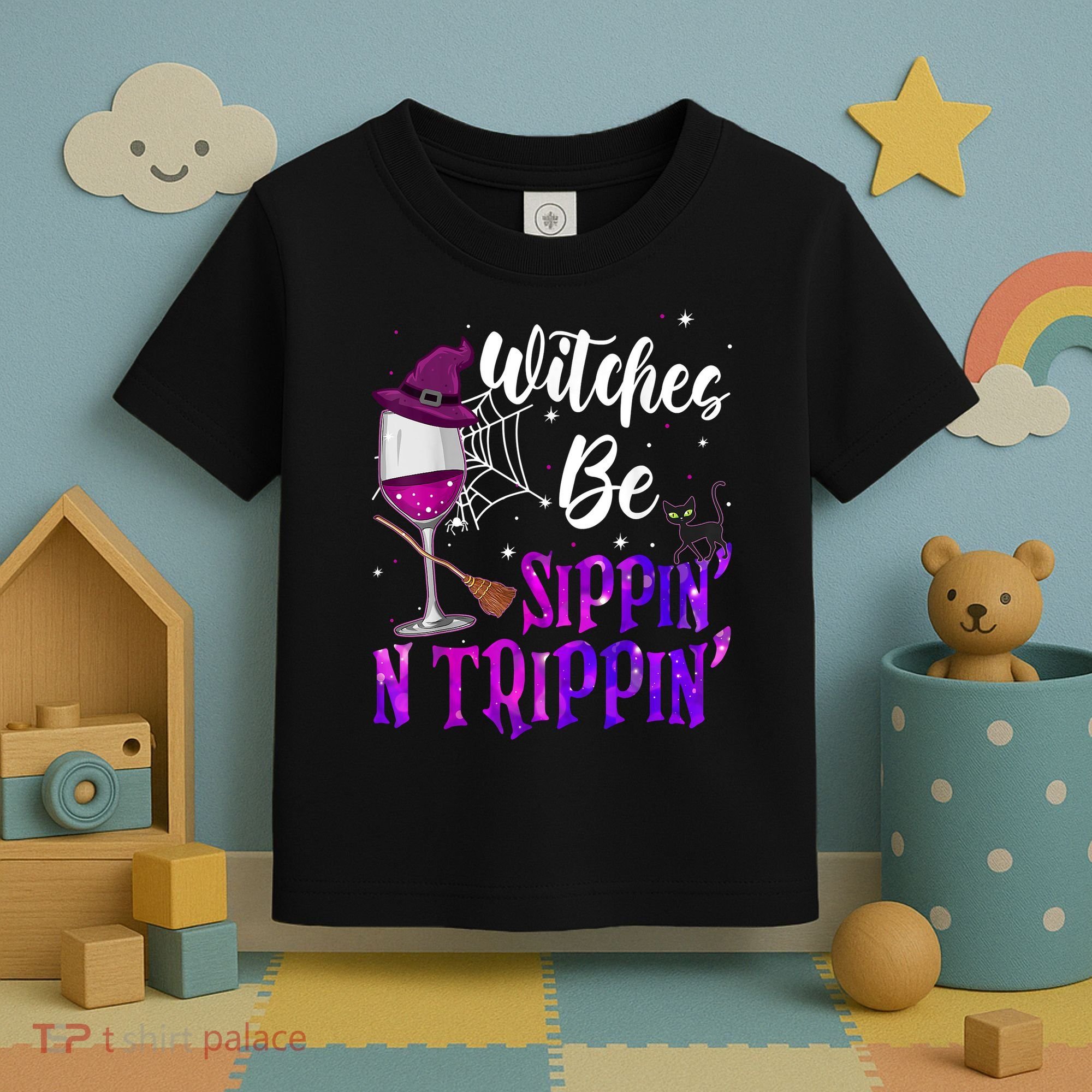 Witches Be Sippin N Trippin Halloween Drinking Funny Black Cat Toddler T-Shirt